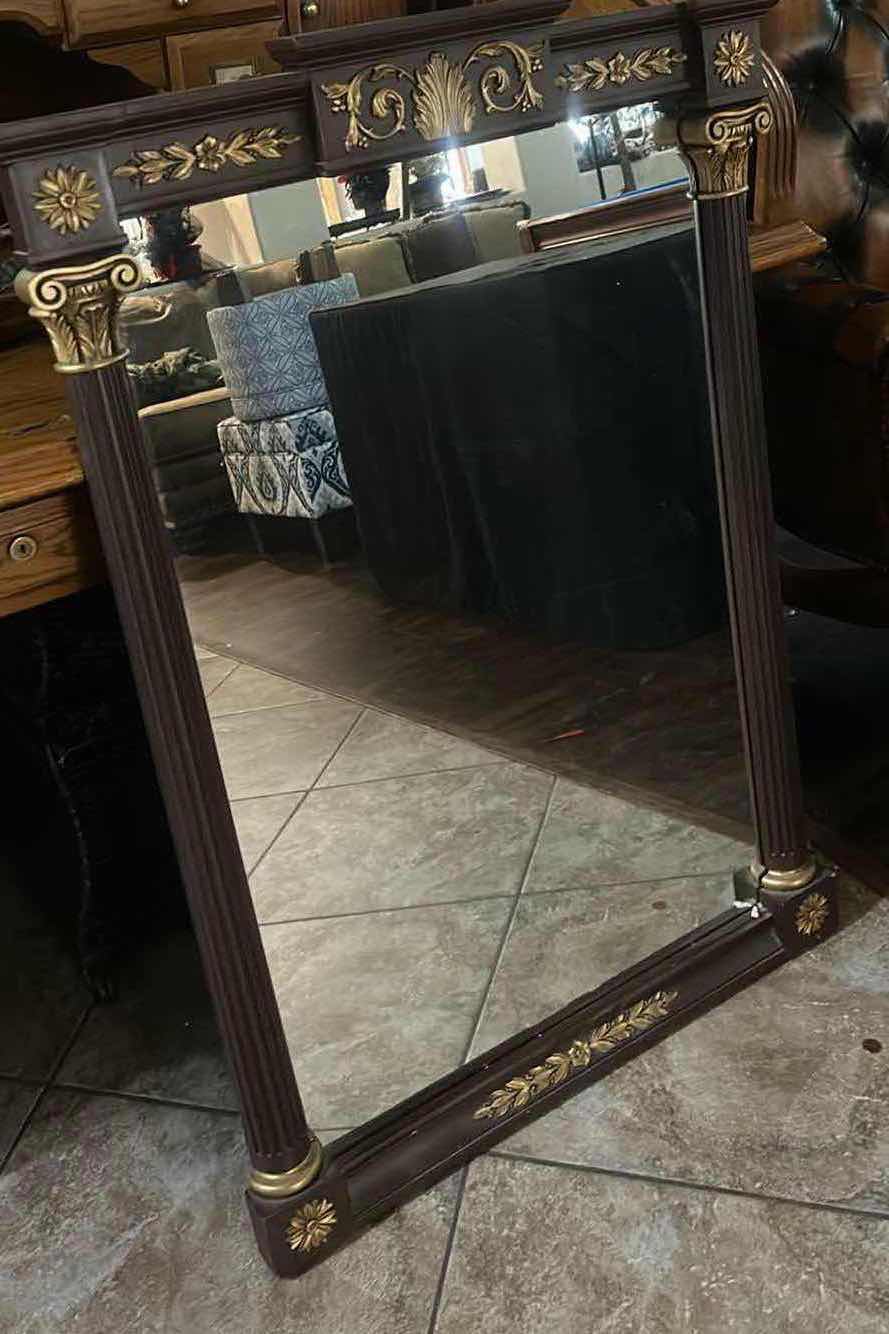 Photo 2 of FRENCH EMPIRE STYLE MAHOGANY MANTLE MIRROR WITH GOLD GILT 29.5” X H40”