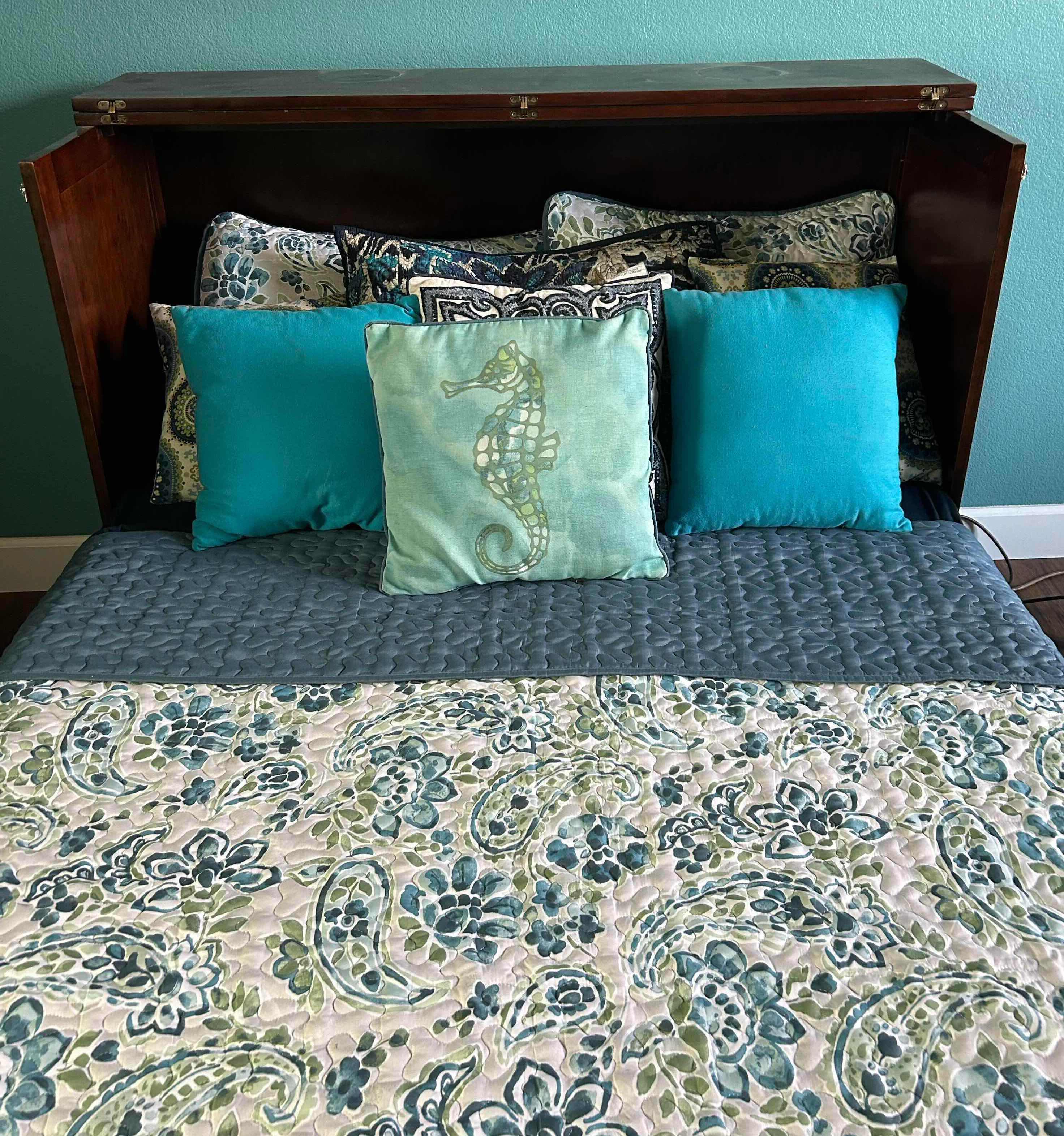 Photo 1 of FULL SIZE WOOD CABINET BED W BEDDING & DECORATIVE PILLOWS