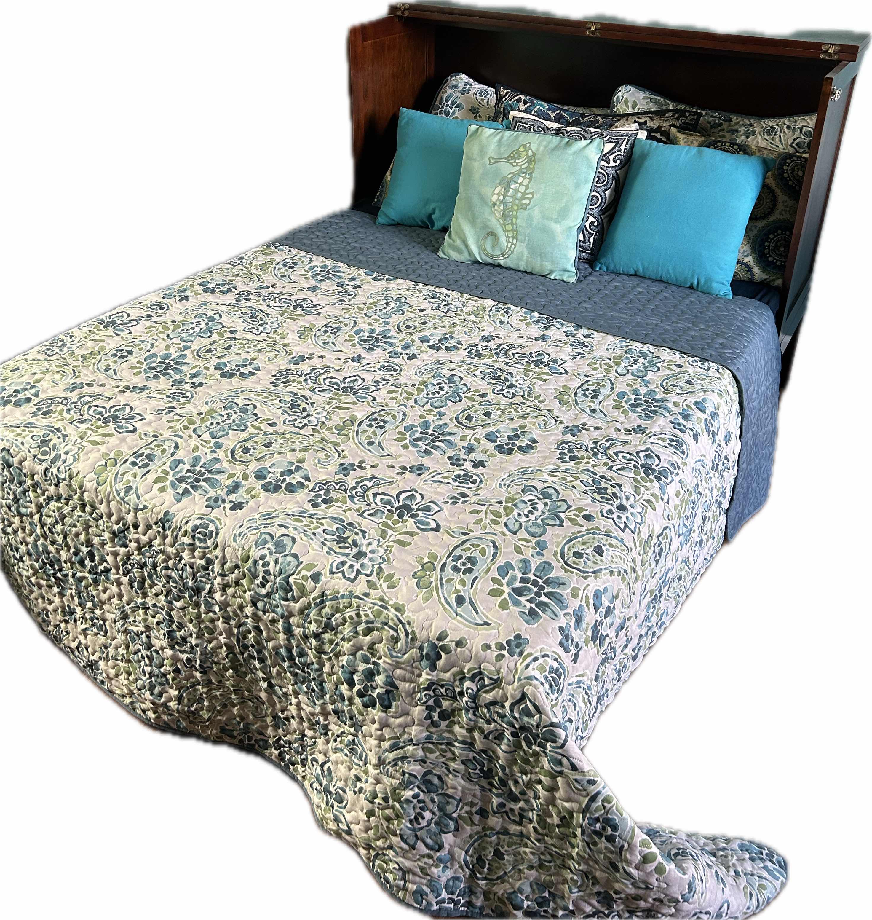 Photo 1 of FULL SIZE WOOD CABINET BED W BEDDING & DECORATIVE PILLOWS