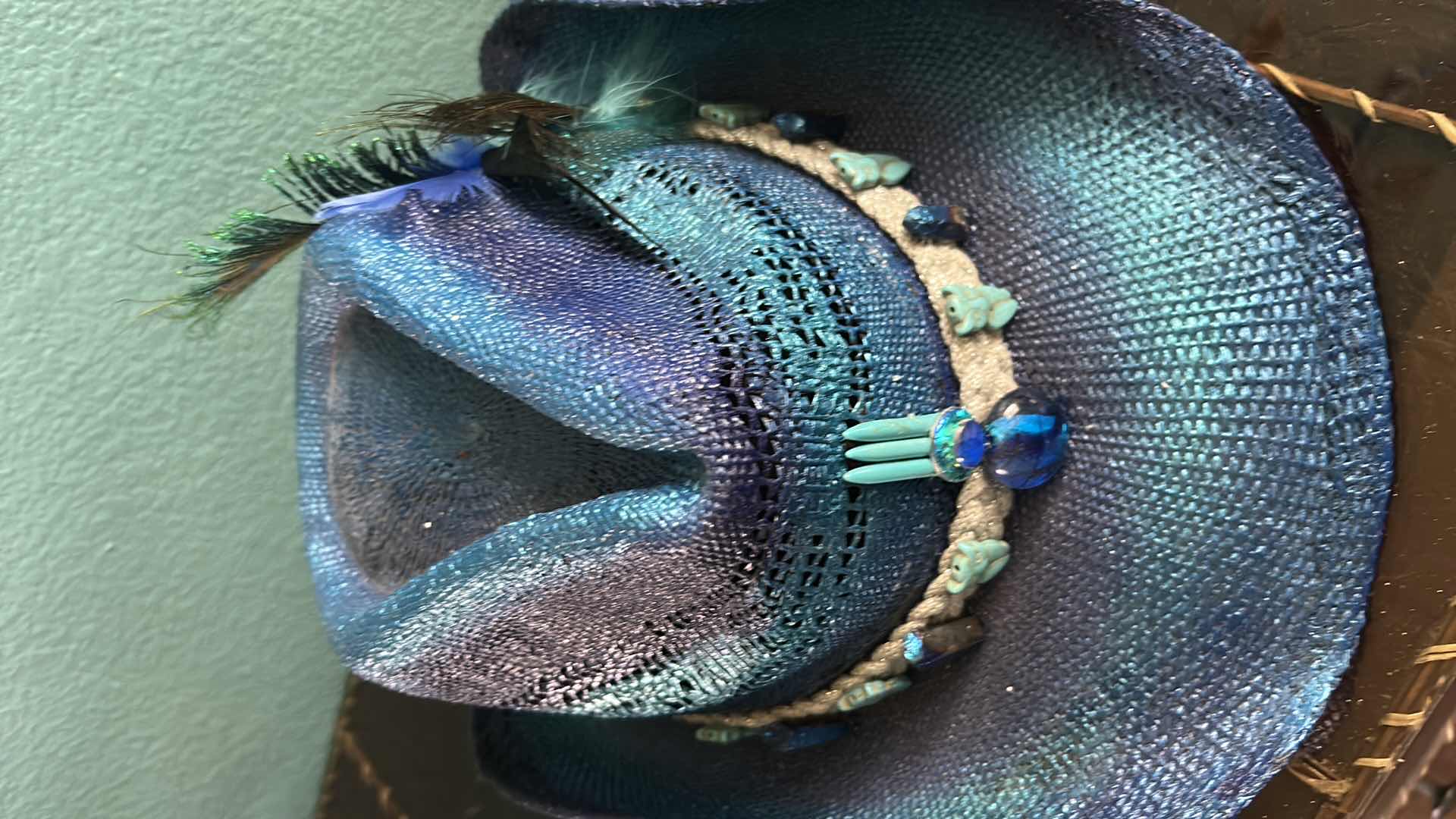 Photo 1 of TOYO STRAW DECORATED DRIFTER COWBOY HAT PURPLE TURQUOISE