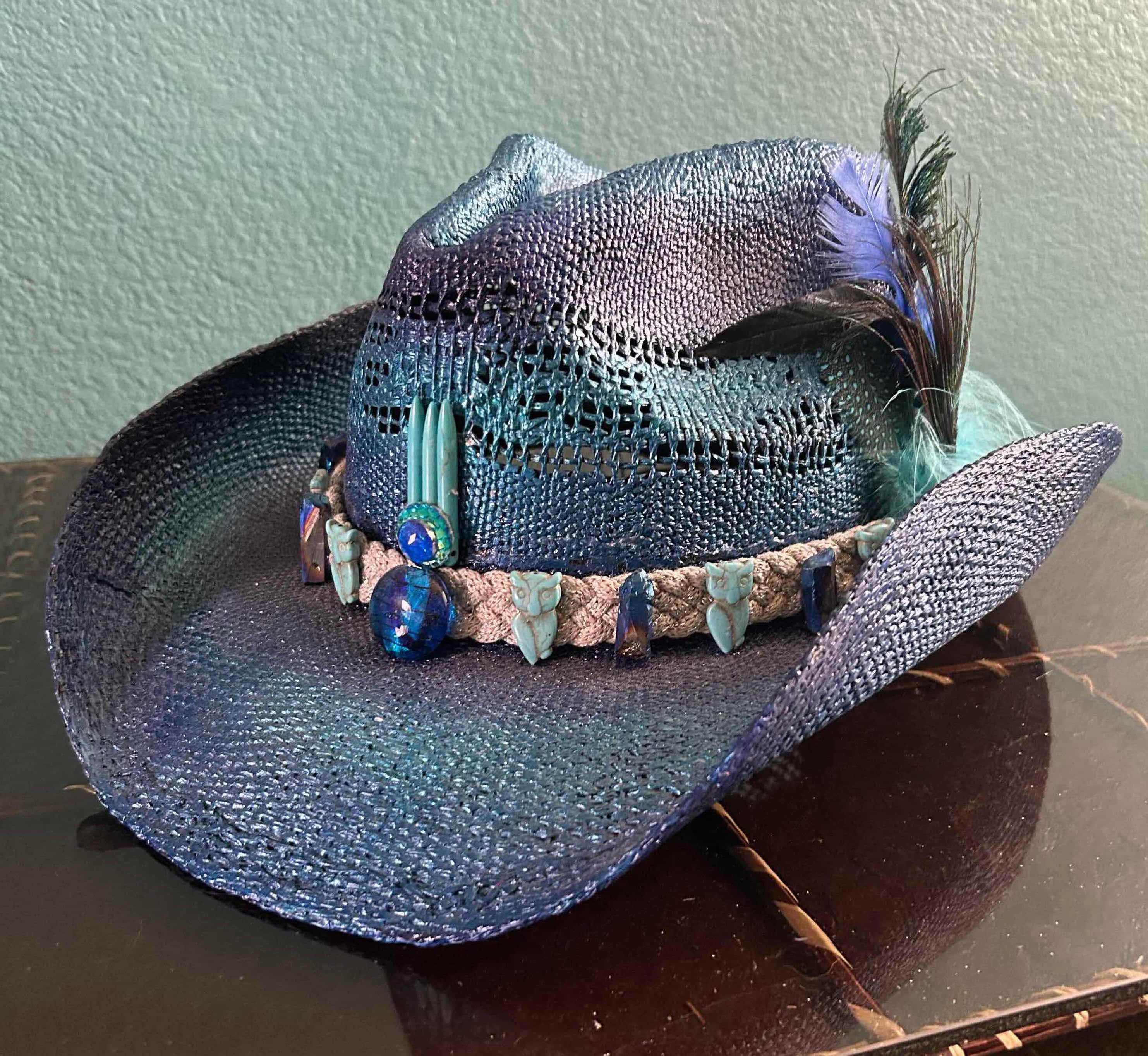 Photo 1 of TOYO STRAW DECORATED DRIFTER COWBOY HAT PURPLE TURQUOISE