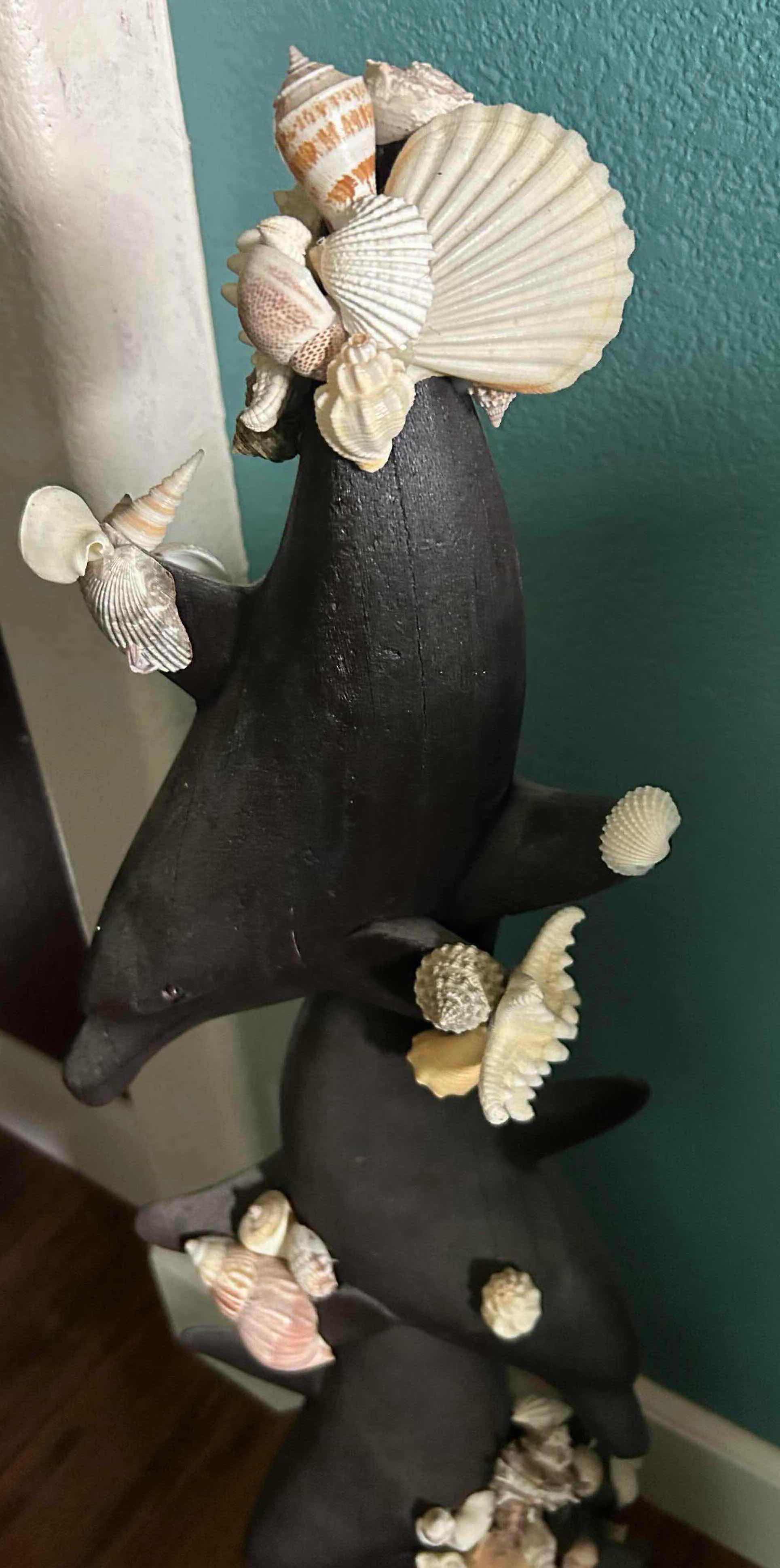 Photo 1 of BLACK RESIN 3 DOLPHINS W SEASHELLS SCULPTURE H 37"