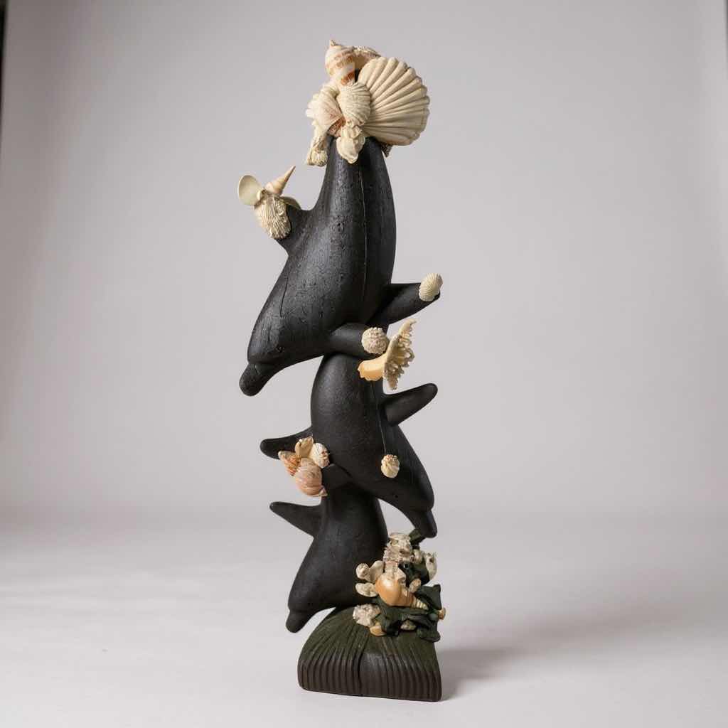 Photo 1 of BLACK RESIN 3 DOLPHINS W SEASHELLS SCULPTURE H 37"
