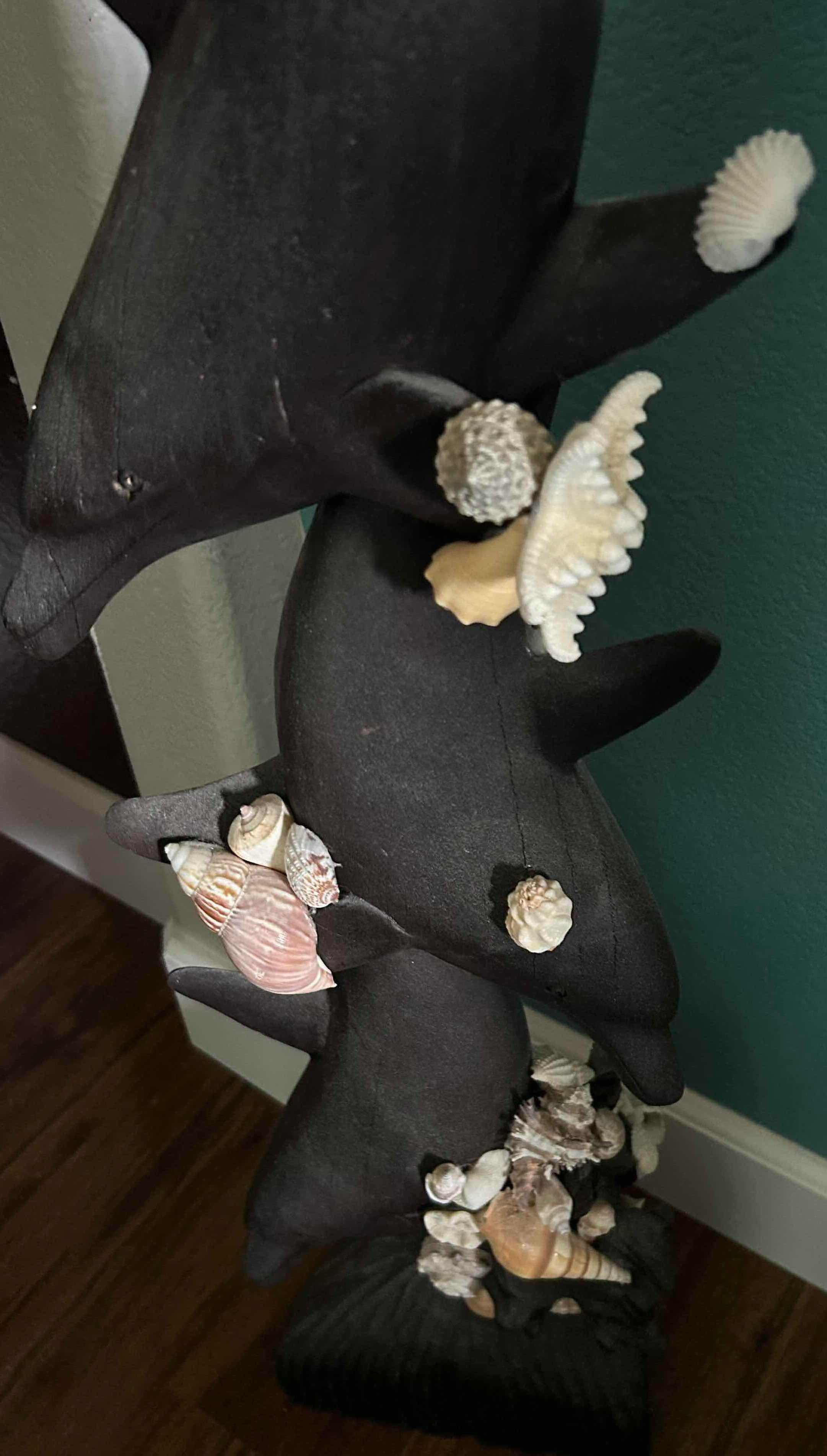 Photo 1 of BLACK RESIN 3 DOLPHINS W SEASHELLS SCULPTURE H 37"