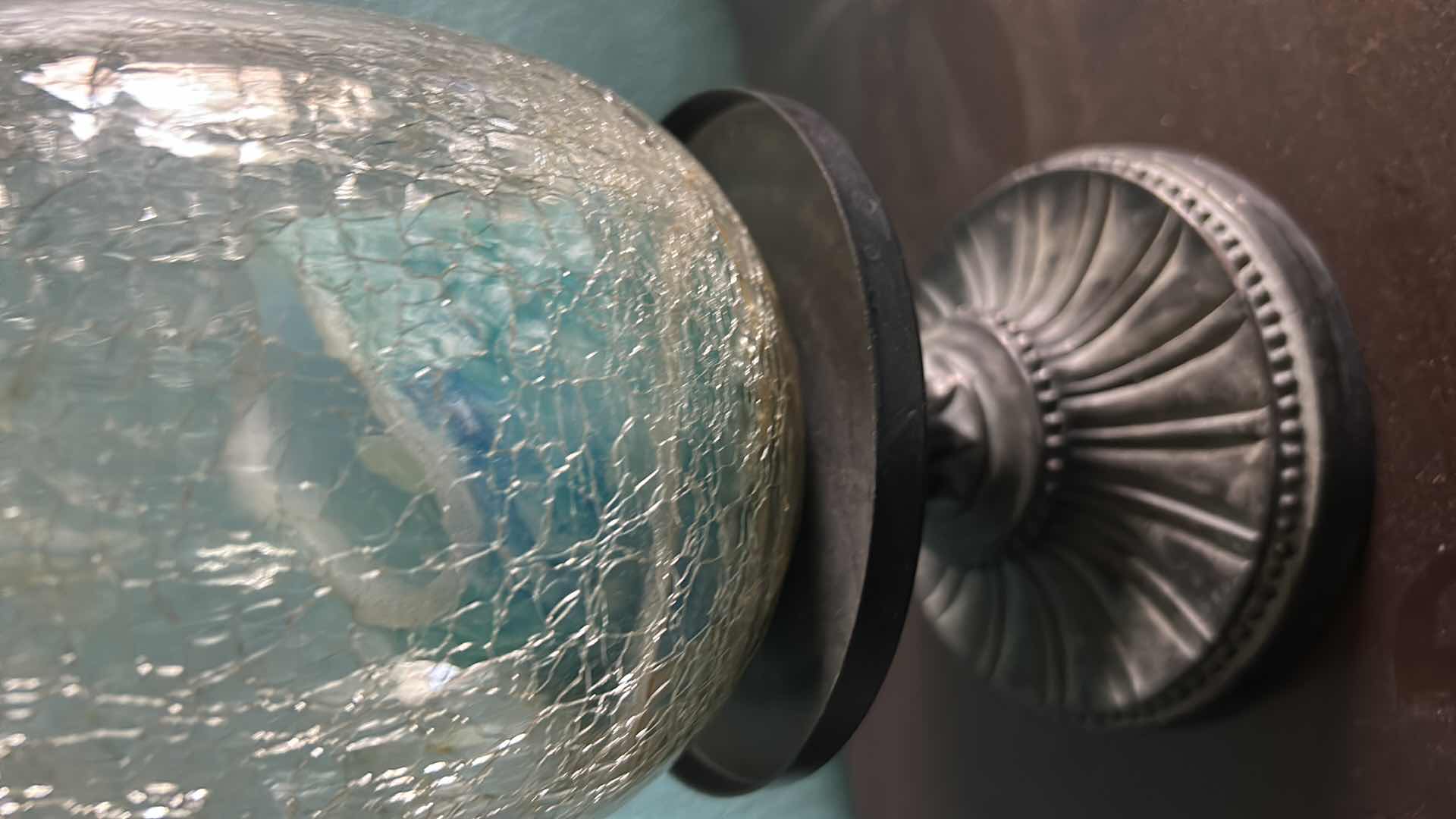 Photo 1 of 2 CRACKED GLASS HURRICANE CANDLE HOLDER W METAL BASE H 13"