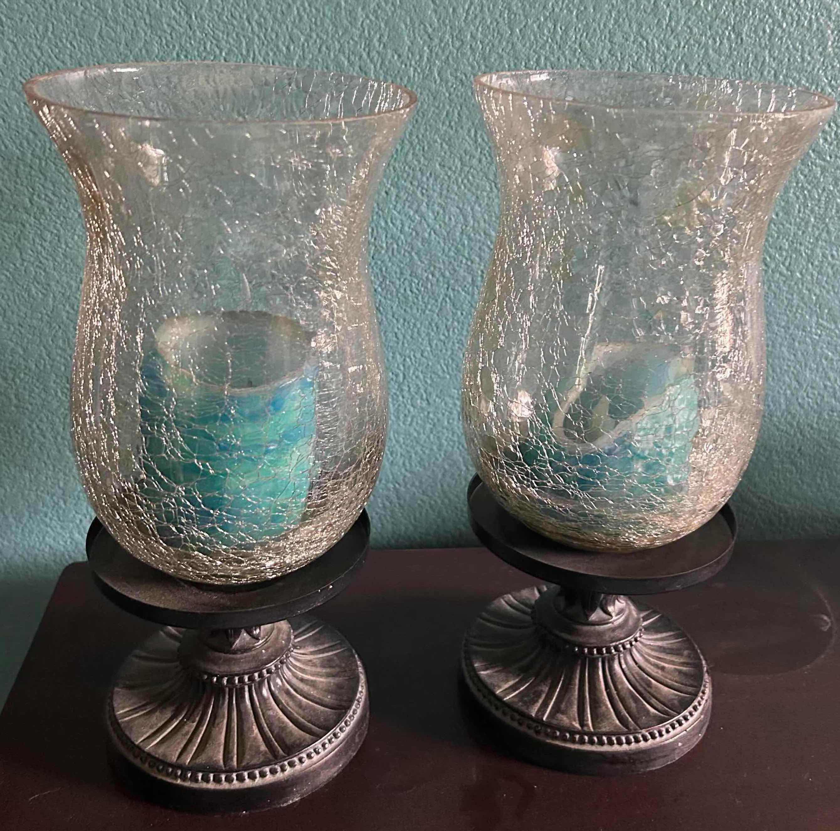 Photo 1 of 2 CRACKED GLASS HURRICANE CANDLE HOLDER W METAL BASE H 13"