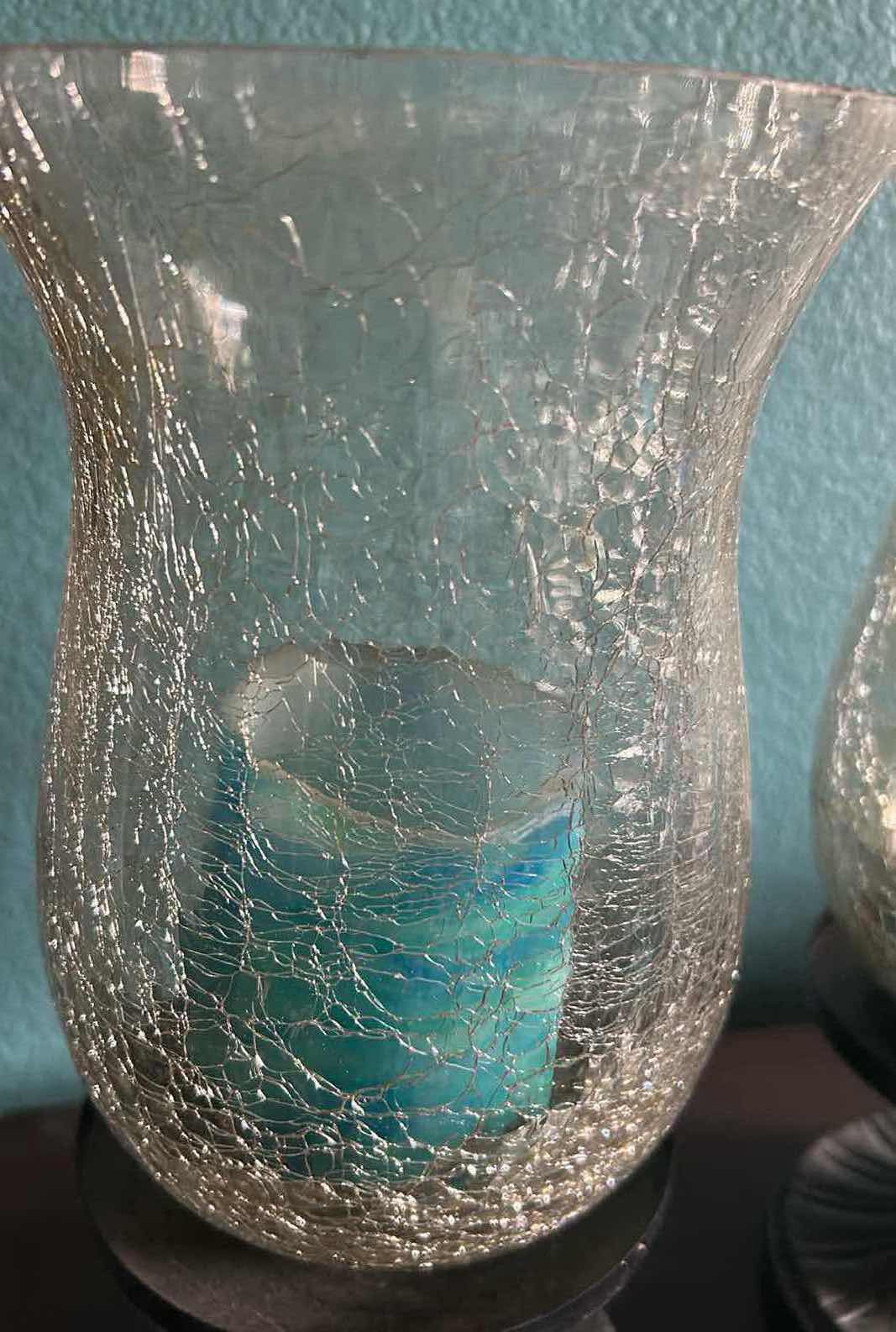 Photo 1 of 2 CRACKED GLASS HURRICANE CANDLE HOLDER W METAL BASE H 13"