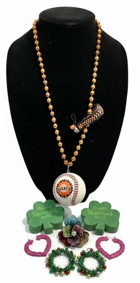 Photo 1 of 6 WOMENS FUN PIECES OF JEWELRY-, SHAMROCK PIERCED EARRINGS, CHRISTMAS EARRINGS, SF GIANTS NECKLACE AND BRACELET, SPARKLING FLOWER STRETCH RING AND HEART EARRINGS