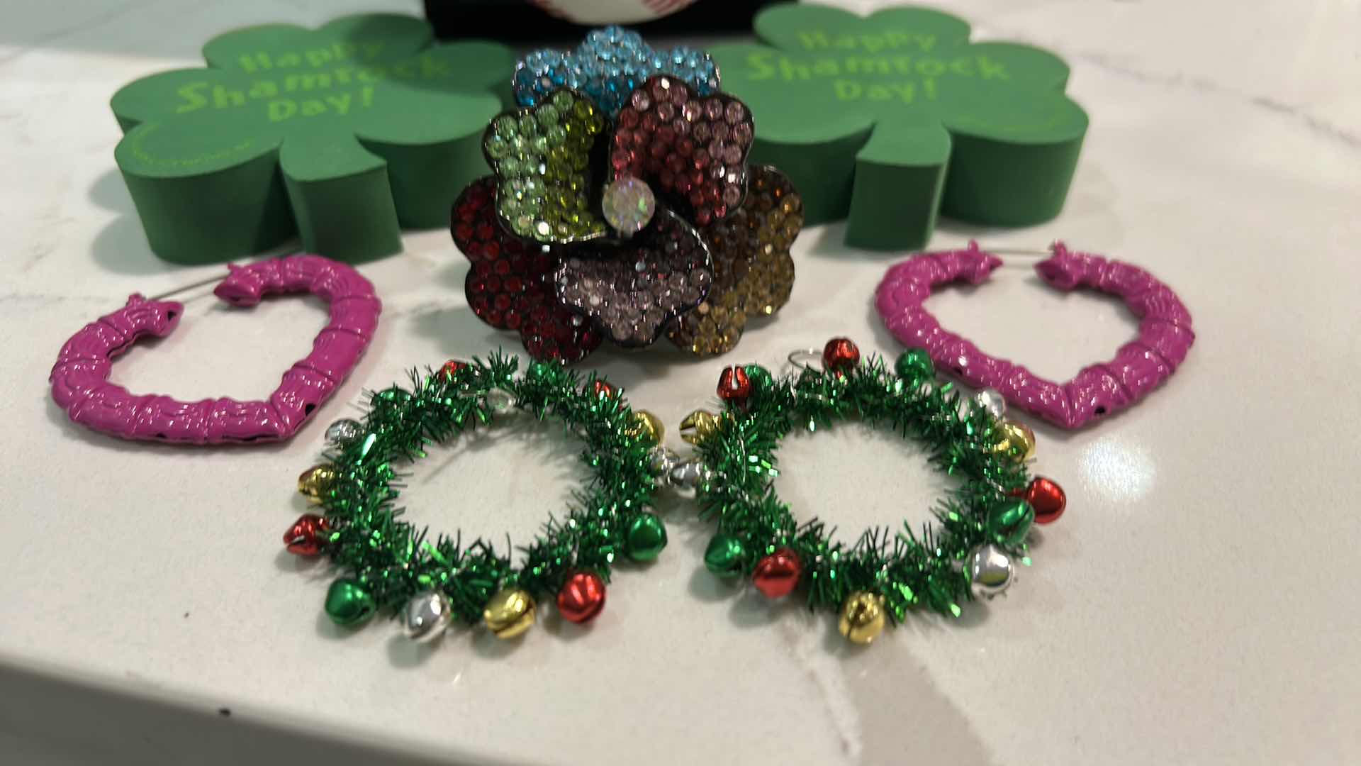 Photo 1 of 6 WOMENS FUN PIECES OF JEWELRY-, SHAMROCK PIERCED EARRINGS, CHRISTMAS EARRINGS, SF GIANTS NECKLACE AND BRACELET, SPARKLING FLOWER STRETCH RING AND HEART EARRINGS