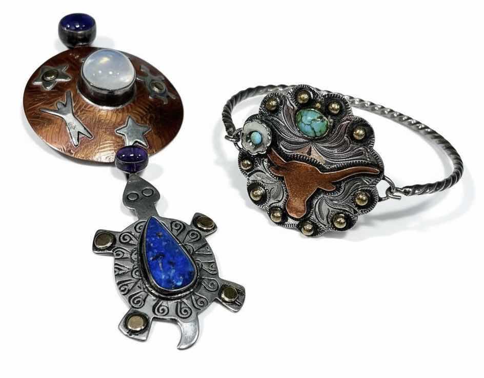 Photo 1 of 2 WESTERN JEWELRY PIECES - MIXED METAL PENDANT WITH COPPER AND STERLING SILVER, SEMI PRECIOUS STONES, AND BRACELET