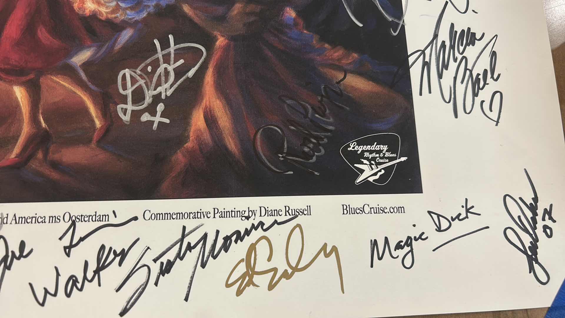 Photo 1 of AUTOGRAPHED LEGENDARY BLUES CRUISE POSTER - COMMEMORATIVE PAINTING BY DIANE RUSSELL 30” x H24 1/2”