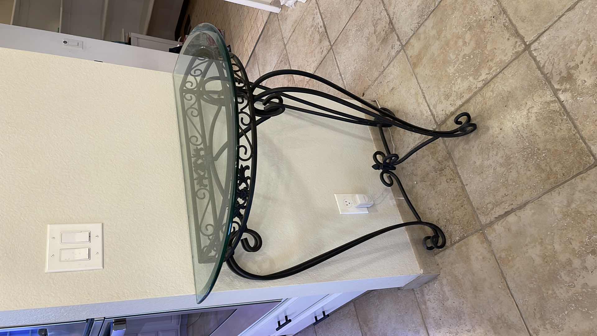 Photo 1 of HALF MOON GLASS TOP WROUGHT IRON SIDE TABLE 32”x18”x35”