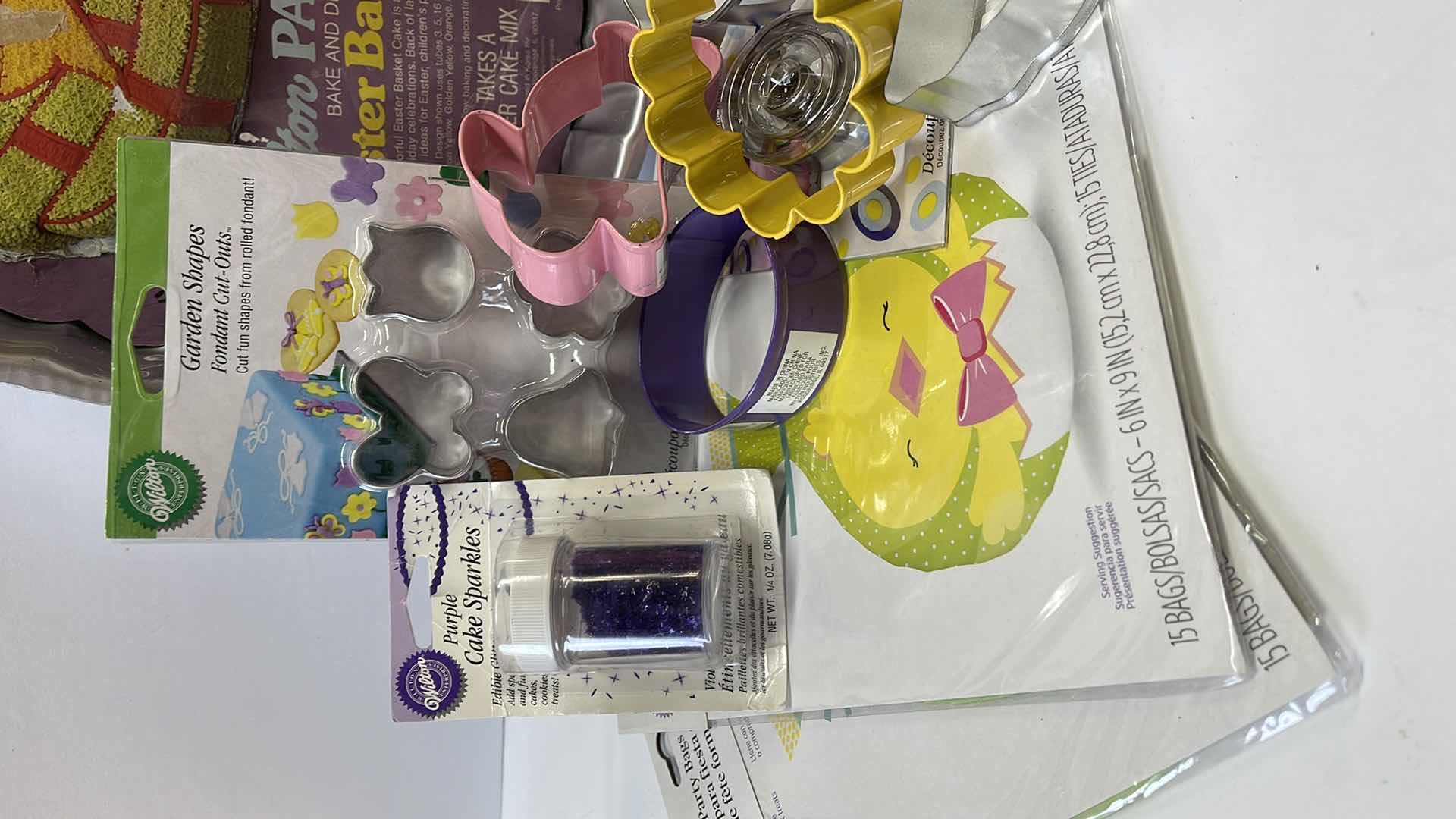 Photo 1 of NOS WILTON VINTAGE EASTER CAKE PAN & COOKIE CUTTERS, TREAT BAGS , SPRINKLES AND MORE - TOTAL RETAIL PRICE $