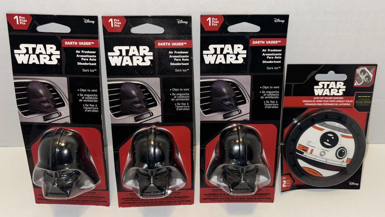 View 1 of NEW STAR WARS DARTH VADER AIR FRESHENERS & BB-8 AUTO CUP HOLDER COASTERS (4PCS)