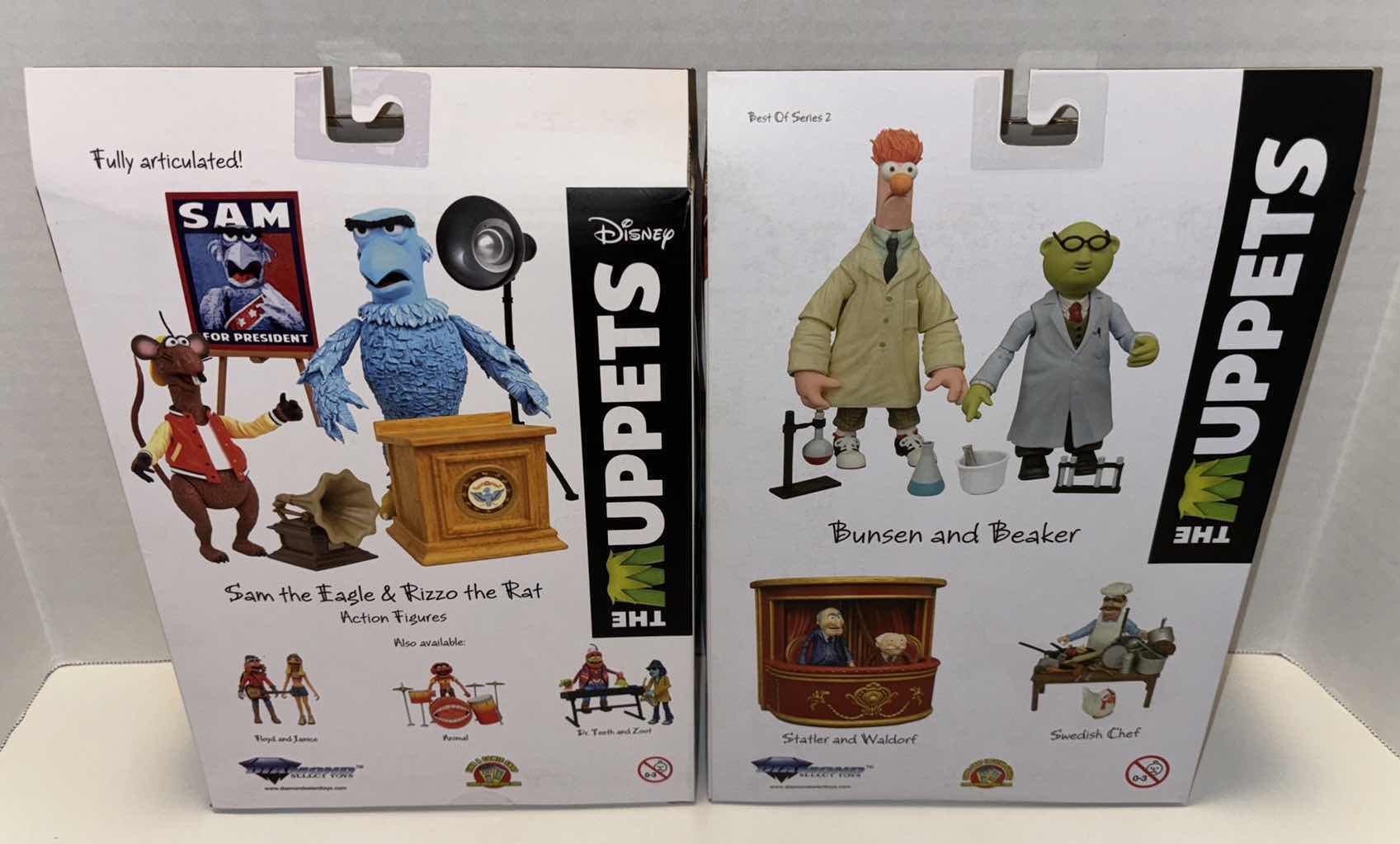 Photo 1 of NEW DIAMOND SELECT TOYS DISNEY THE MUPPETS ACTION FIGURES & ACCESSORIES 2-PACK, “SAM THE EAGLE & RIZZO THE RAT” & “BUNSEN AND BEAKER” (2)