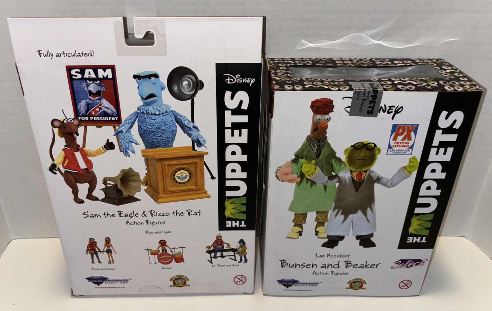 Photo 1 of NEW DIAMOND SELECT TOYS DISNEY THE MUPPETS ACTION FIGURES & ACCESSORIES 2-PACK, “SAM THE EAGLE & RIZZO THE RAT” & “BUNSEN AND BEAKER- LAB ACCIDENT” (2)