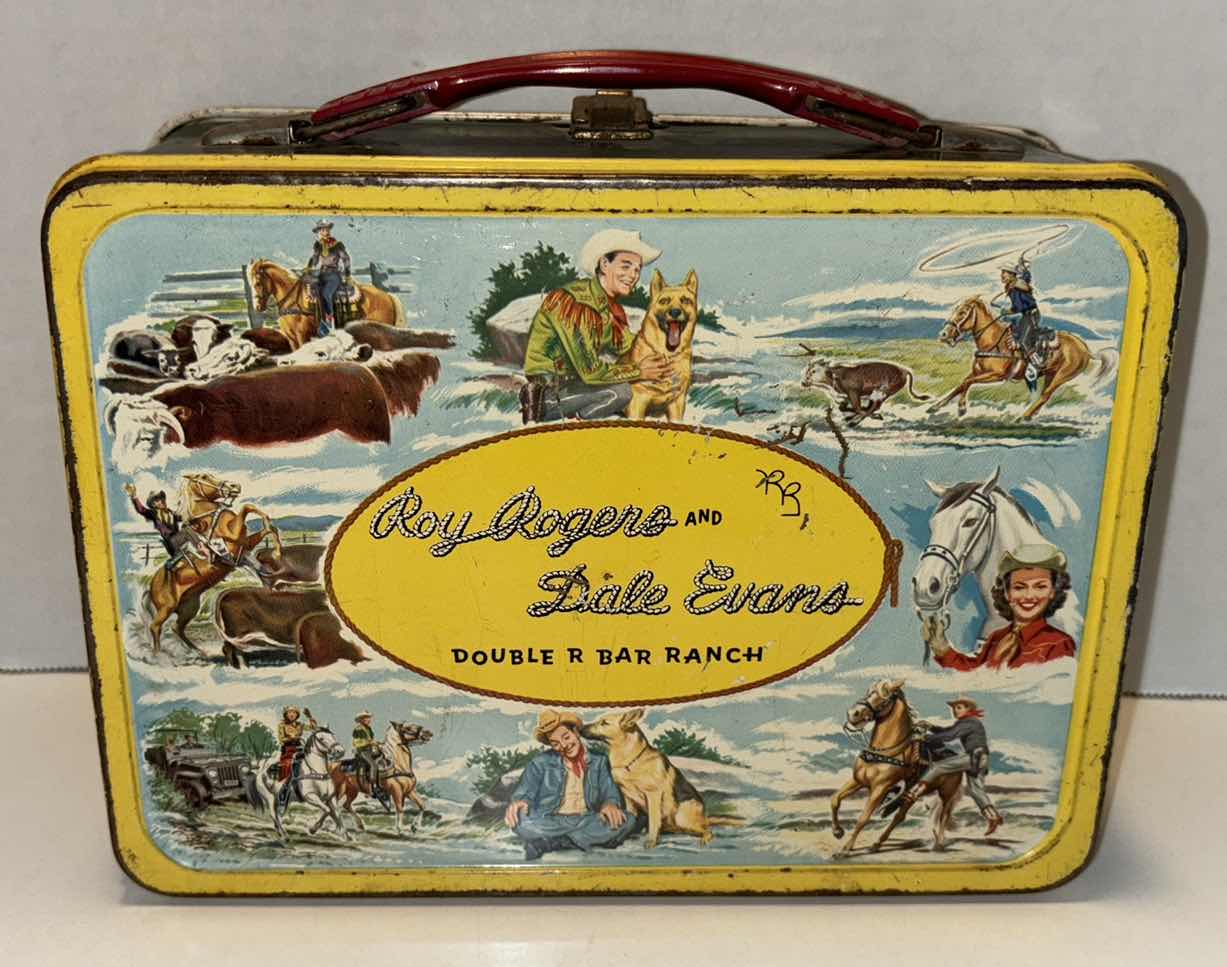 Photo 1 of ANTIQUE THE AMERICAN THERMOS BOTTLE CO 1955 “ROY ROGERS & DALE EVANS DOUBLE BAR RANCH” TIN LUNCH BOX
