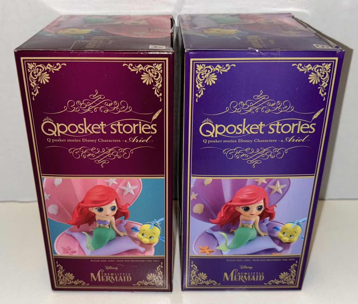 Photo 1 of NEW BANDAI Q POSKET STORIES, 2-PACK THE LITTLE MERMAID STATUE VERSION A (PINK) & VERSION B (PURPLE)