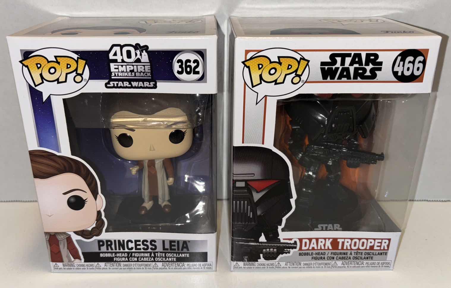 Photo 1 of NEW FUNKO POP! STAR WARS BOBBLE-HEAD VINYL FIGURE MIXED 6-PACK, 40TH ANNIVERSARY THE EMPIRE STRIKES BACK #362 PRINCESS LEIA (3) & #466 DARK TROOPER (3)