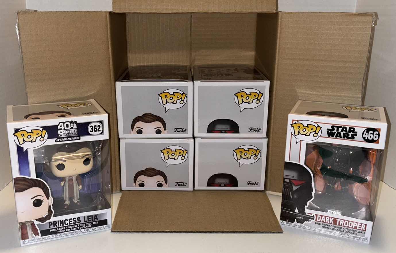 Photo 1 of NEW FUNKO POP! STAR WARS BOBBLE-HEAD VINYL FIGURE MIXED 6-PACK, 40TH ANNIVERSARY THE EMPIRE STRIKES BACK #362 PRINCESS LEIA (3) & #466 DARK TROOPER (3)