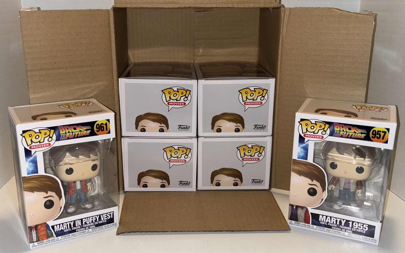Photo 1 of NEW FUNKO POP! MOVIES VINYL FIGURE MIXED 6-PACK, BACK TO THE FUTURE #961 MARTY IN PUFFY VEST (3) & #957 MARTY 1955 (3)