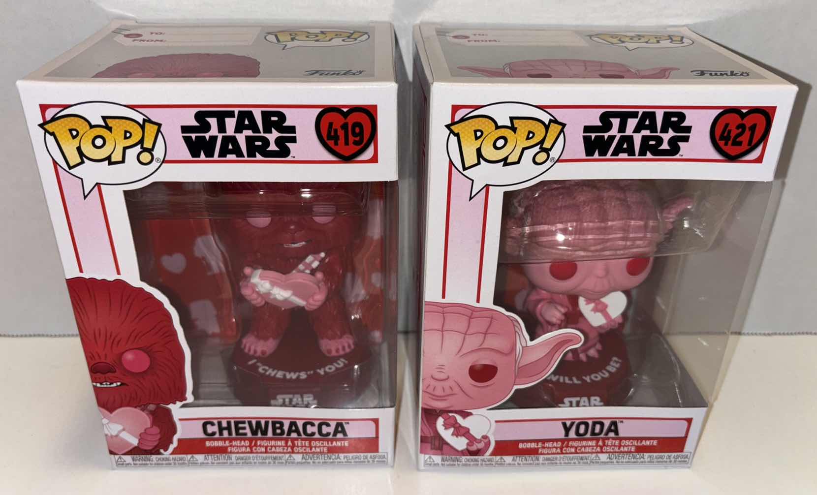 Photo 1 of NEW FUNKO POP! STAR WARS BOBBLE-HEAD VINYL FIGURE MIXED 6-PACK, #419 VALENTINES CHEWBACCA (3) & #421 VALENTINES YODA (3)