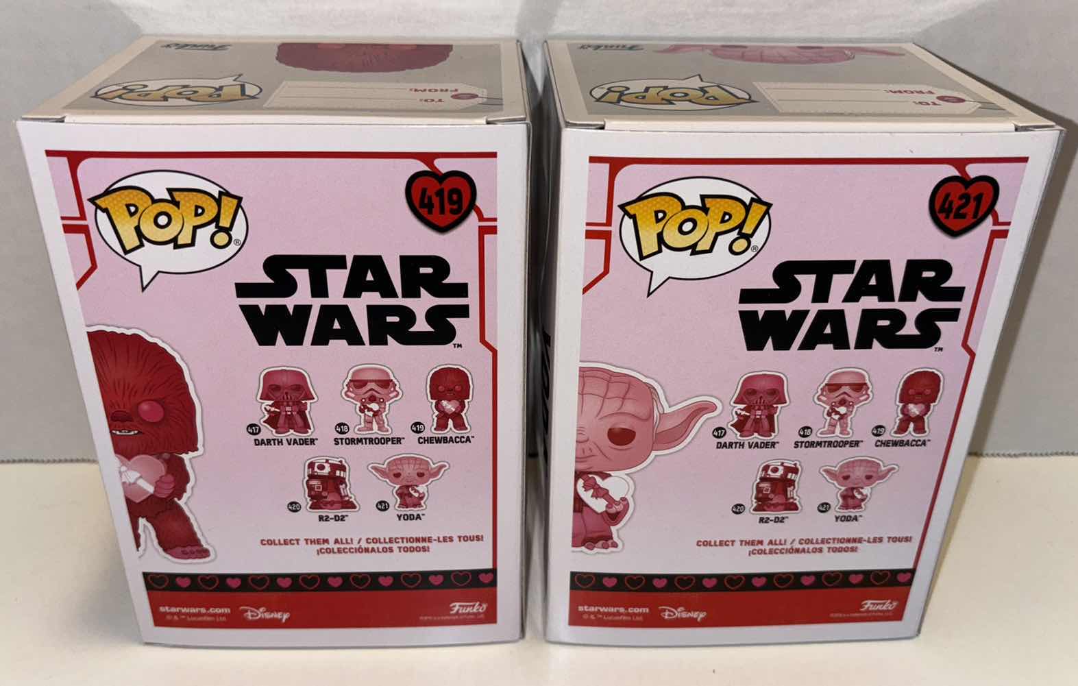 Photo 1 of NEW FUNKO POP! STAR WARS BOBBLE-HEAD VINYL FIGURE MIXED 6-PACK, #419 VALENTINES CHEWBACCA (3) & #421 VALENTINES YODA (3)