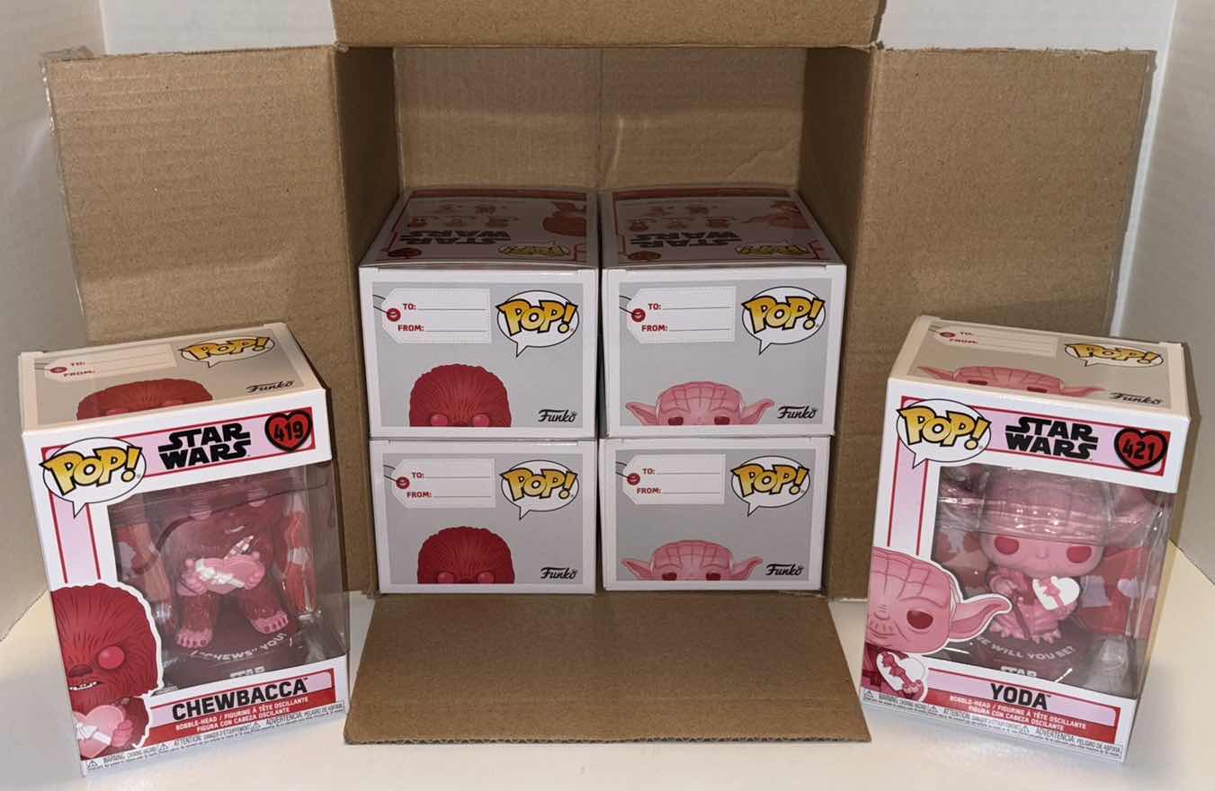 Photo 1 of NEW FUNKO POP! STAR WARS BOBBLE-HEAD VINYL FIGURE MIXED 6-PACK, #419 VALENTINES CHEWBACCA (3) & #421 VALENTINES YODA (3)