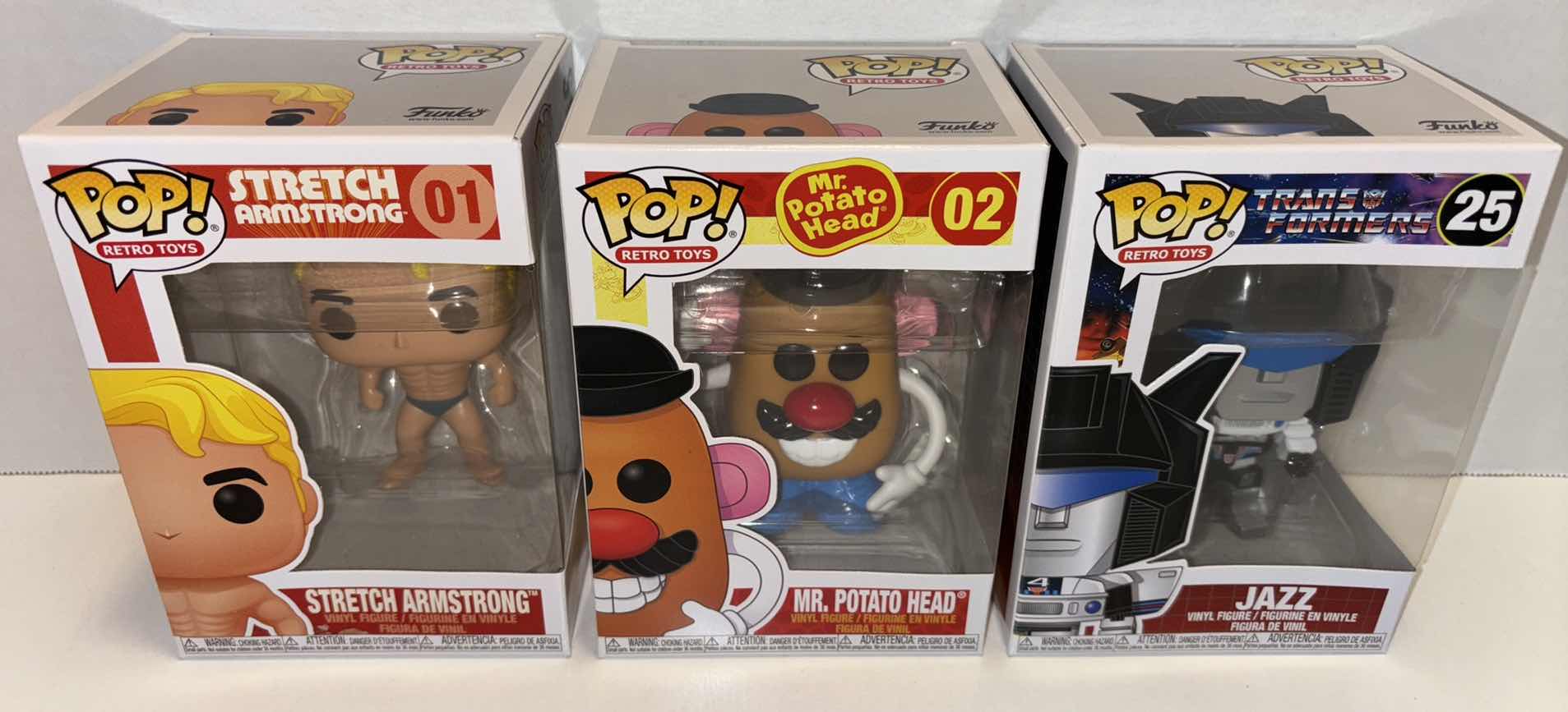 Photo 1 of NEW FUNKO POP! RETRO TOYS VINYL FIGURE MIXED 6-PACK, #01 STRETCH ARMSTRONG (2) #02 MR. POTATO HEAD (2) & TRANSFORMERS #25 JAZZ (2)