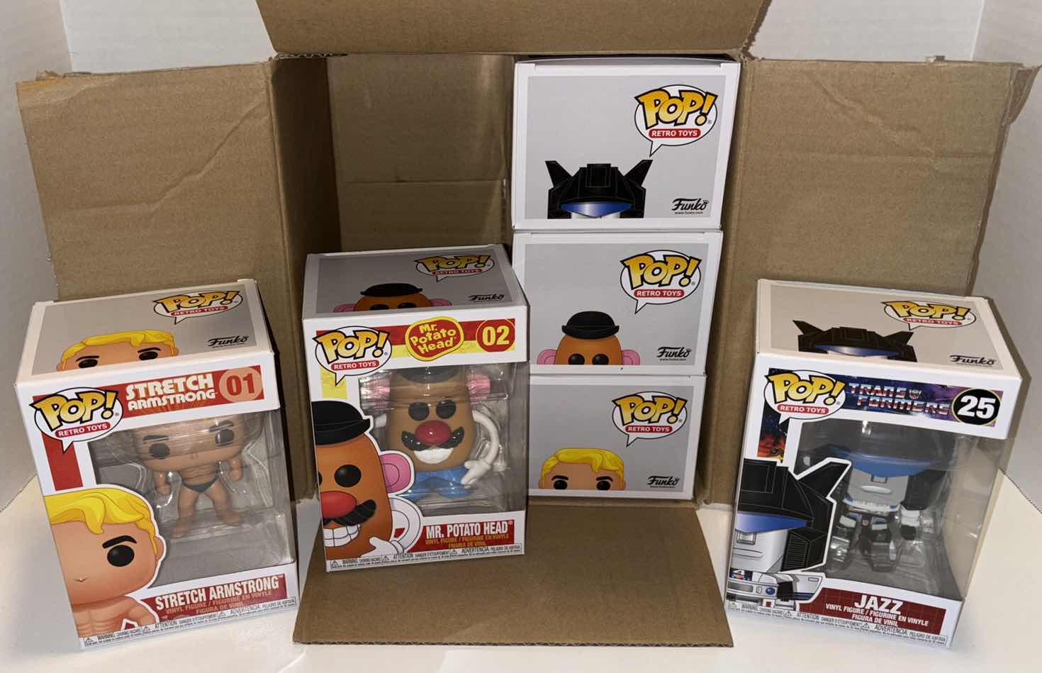 Photo 1 of NEW FUNKO POP! RETRO TOYS VINYL FIGURE MIXED 6-PACK, #01 STRETCH ARMSTRONG (2) #02 MR. POTATO HEAD (2) & TRANSFORMERS #25 JAZZ (2)