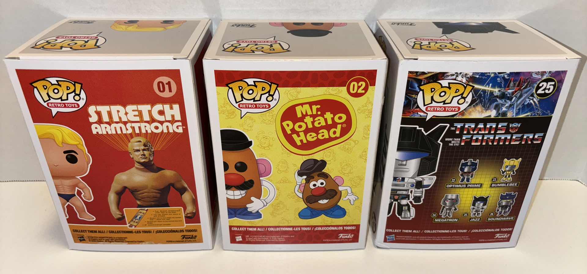 Photo 1 of NEW FUNKO POP! RETRO TOYS VINYL FIGURE MIXED 6-PACK, #01 STRETCH ARMSTRONG (2) #02 MR. POTATO HEAD (2) & TRANSFORMERS #25 JAZZ (2)