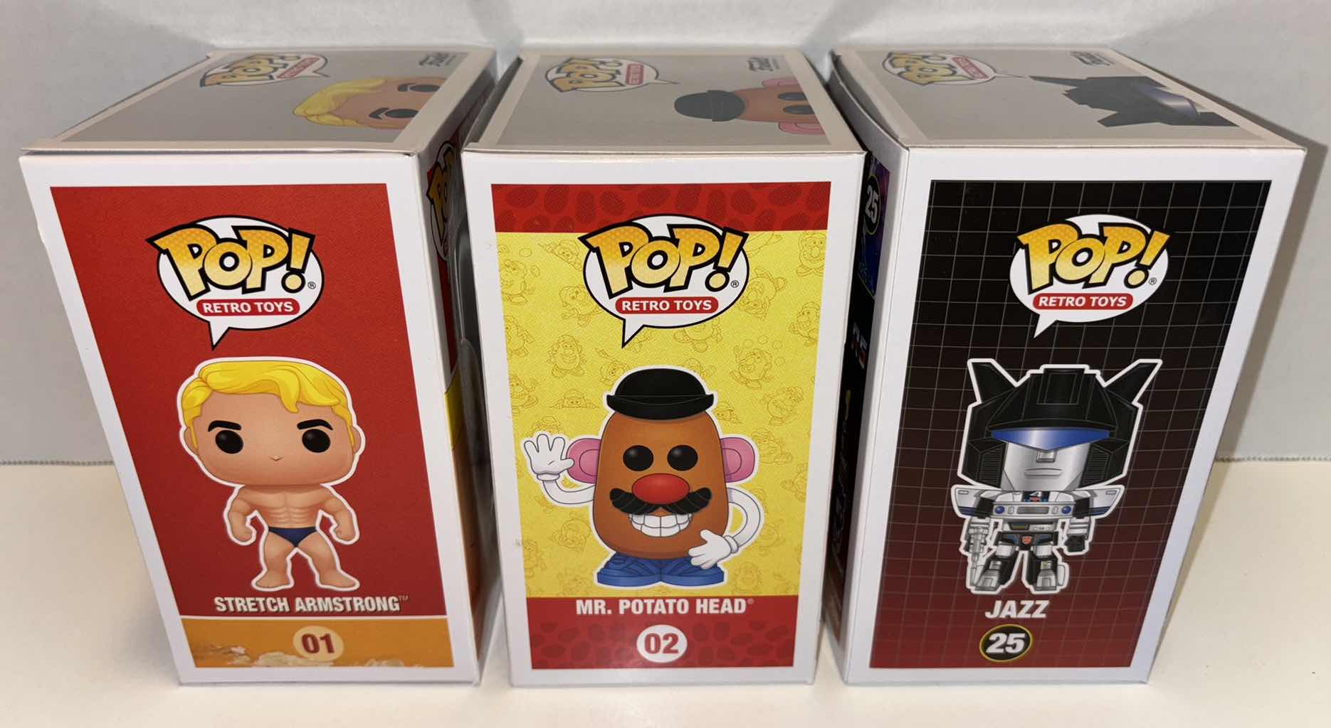 Photo 1 of NEW FUNKO POP! RETRO TOYS VINYL FIGURE MIXED 6-PACK, #01 STRETCH ARMSTRONG (2) #02 MR. POTATO HEAD (2) & TRANSFORMERS #25 JAZZ (2)