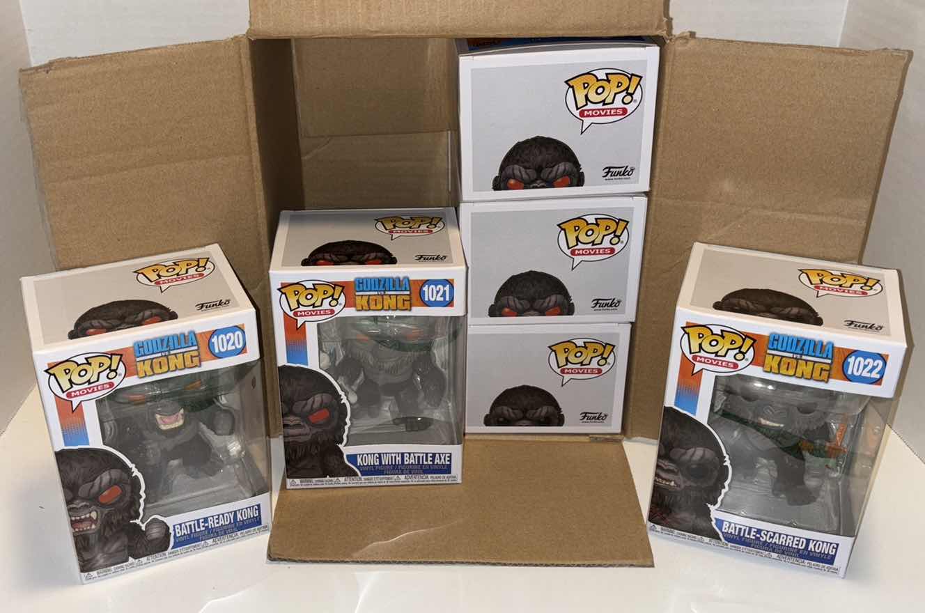 Photo 1 of NEW FUNKO POP! MOVIES GODZILLA VS KONG VINYL FIGURE MIXED 6-PACK, #1020 BATTLE-READY KONG (2) & #1021 KONG WITH BATTLE AXE (2) & #1022 BATTLE-SCARRED KONG (2)