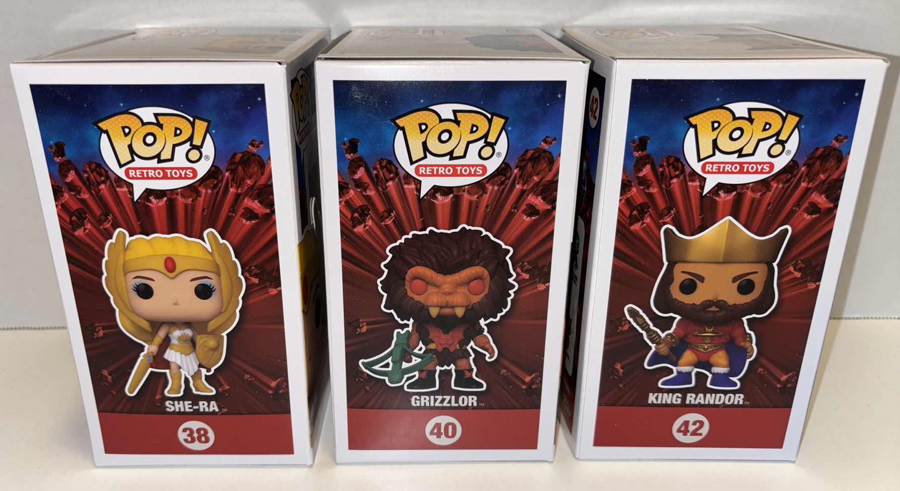 Photo 1 of NEW FUNKO POP! RETRO TOYS VINYL FIGURE MIXED 6-PACK, MASTERS OF THE UNIVERSE #38 SHE-RA GLOW IN THE DARK LIMITED EDITION EXCLUSIVE SPECIALTY SERIES (2), #40 GRIZZLOR (2) & #42 KING RANDOR (2)