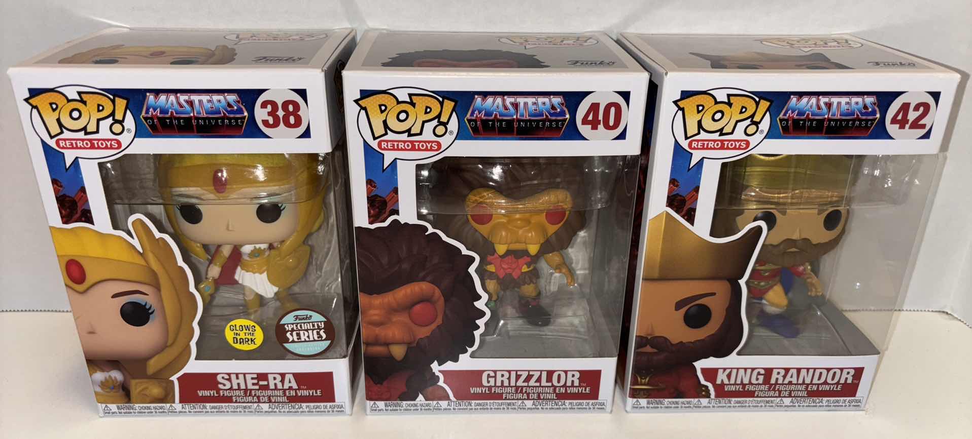 Photo 1 of NEW FUNKO POP! RETRO TOYS VINYL FIGURE MIXED 6-PACK, MASTERS OF THE UNIVERSE #38 SHE-RA GLOW IN THE DARK LIMITED EDITION EXCLUSIVE SPECIALTY SERIES (2), #40 GRIZZLOR (2) & #42 KING RANDOR (2)