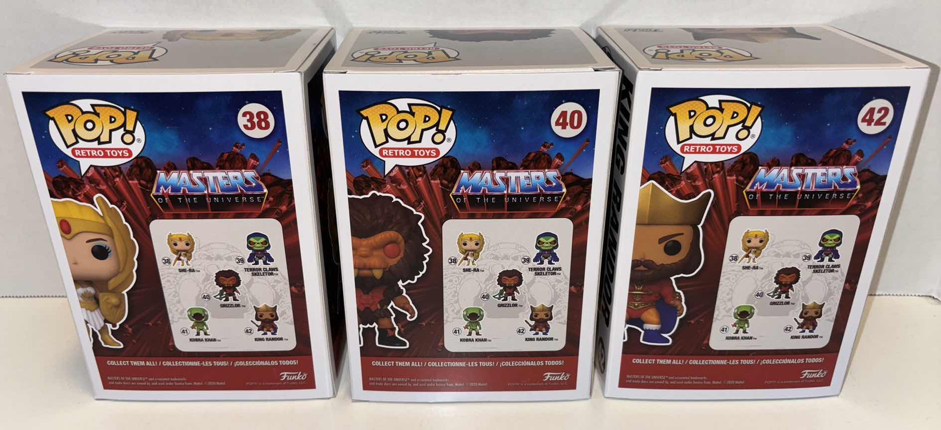 Photo 1 of NEW FUNKO POP! RETRO TOYS VINYL FIGURE MIXED 6-PACK, MASTERS OF THE UNIVERSE #38 SHE-RA GLOW IN THE DARK LIMITED EDITION EXCLUSIVE SPECIALTY SERIES (2), #40 GRIZZLOR (2) & #42 KING RANDOR (2)