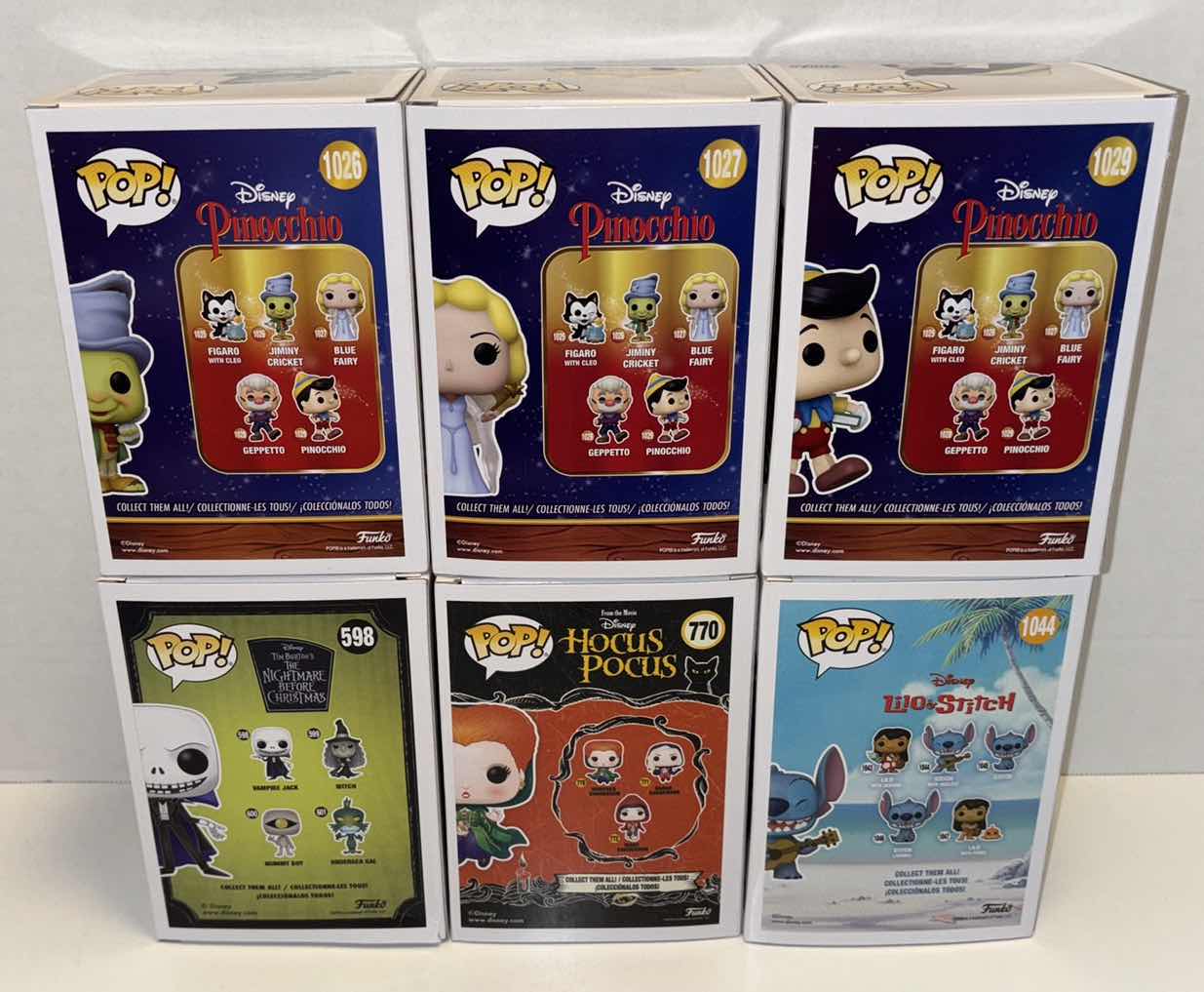 Photo 1 of NEW FUNKO POP! DISNEY BUNDLE VINYL FIGURE 6-PACK, #1026 JIMINY CRICKET, #1027 BLUE FAIRY, #1029 PINOCCHIO, #598 VAMPIRE JACK, #770 WINIFRED SANDERSON & #1044 STITCH W UKULELE