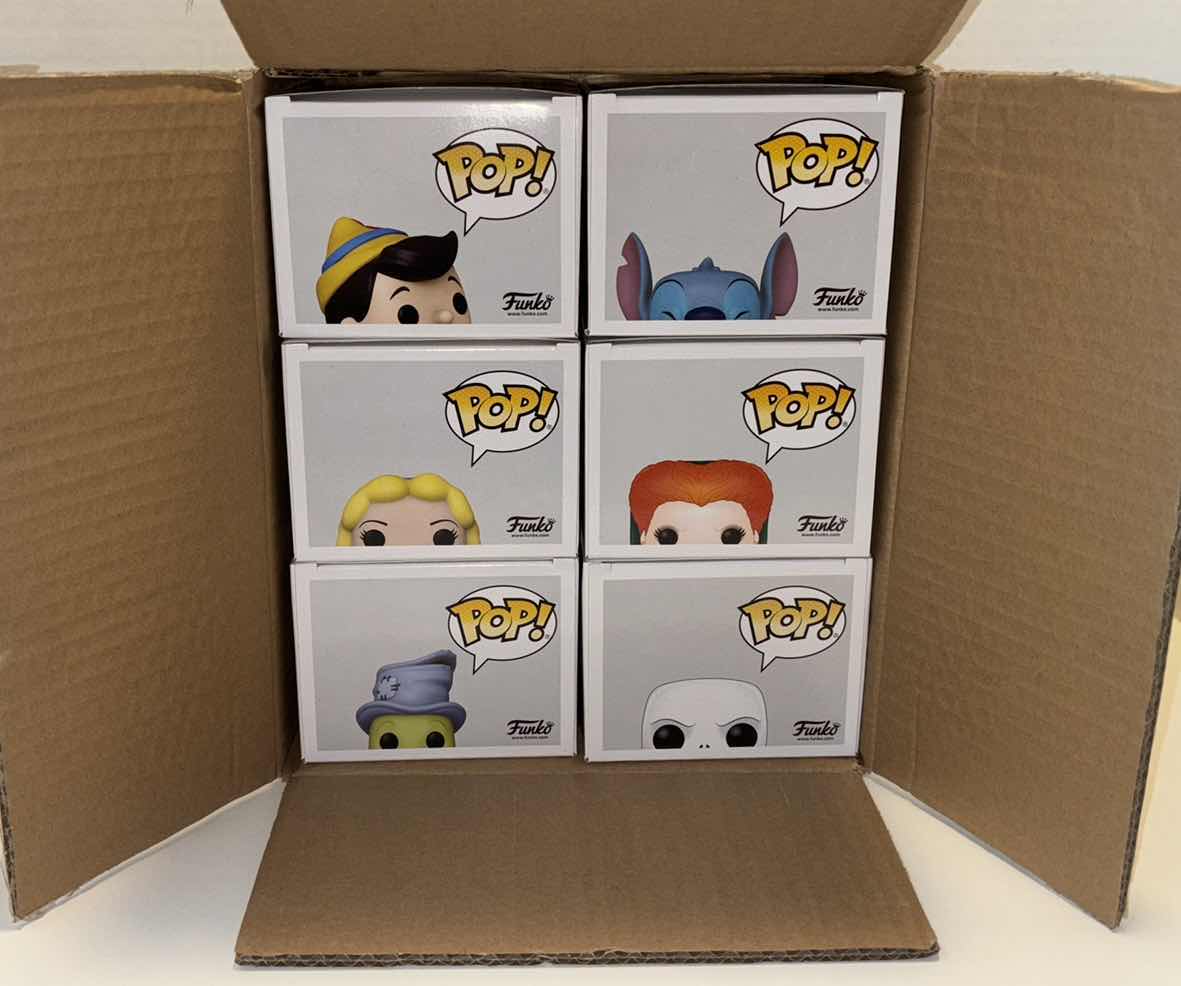 Photo 1 of NEW FUNKO POP! DISNEY BUNDLE VINYL FIGURE 6-PACK, #1026 JIMINY CRICKET, #1027 BLUE FAIRY, #1029 PINOCCHIO, #598 VAMPIRE JACK, #770 WINIFRED SANDERSON & #1044 STITCH W UKULELE