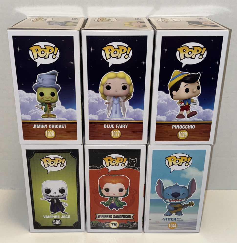 Photo 1 of NEW FUNKO POP! DISNEY BUNDLE VINYL FIGURE 6-PACK, #1026 JIMINY CRICKET, #1027 BLUE FAIRY, #1029 PINOCCHIO, #598 VAMPIRE JACK, #770 WINIFRED SANDERSON & #1044 STITCH W UKULELE