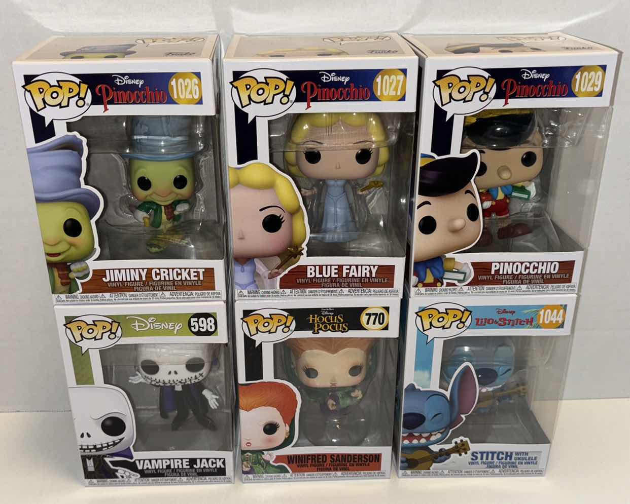 Photo 1 of NEW FUNKO POP! DISNEY BUNDLE VINYL FIGURE 6-PACK, #1026 JIMINY CRICKET, #1027 BLUE FAIRY, #1029 PINOCCHIO, #598 VAMPIRE JACK, #770 WINIFRED SANDERSON & #1044 STITCH W UKULELE