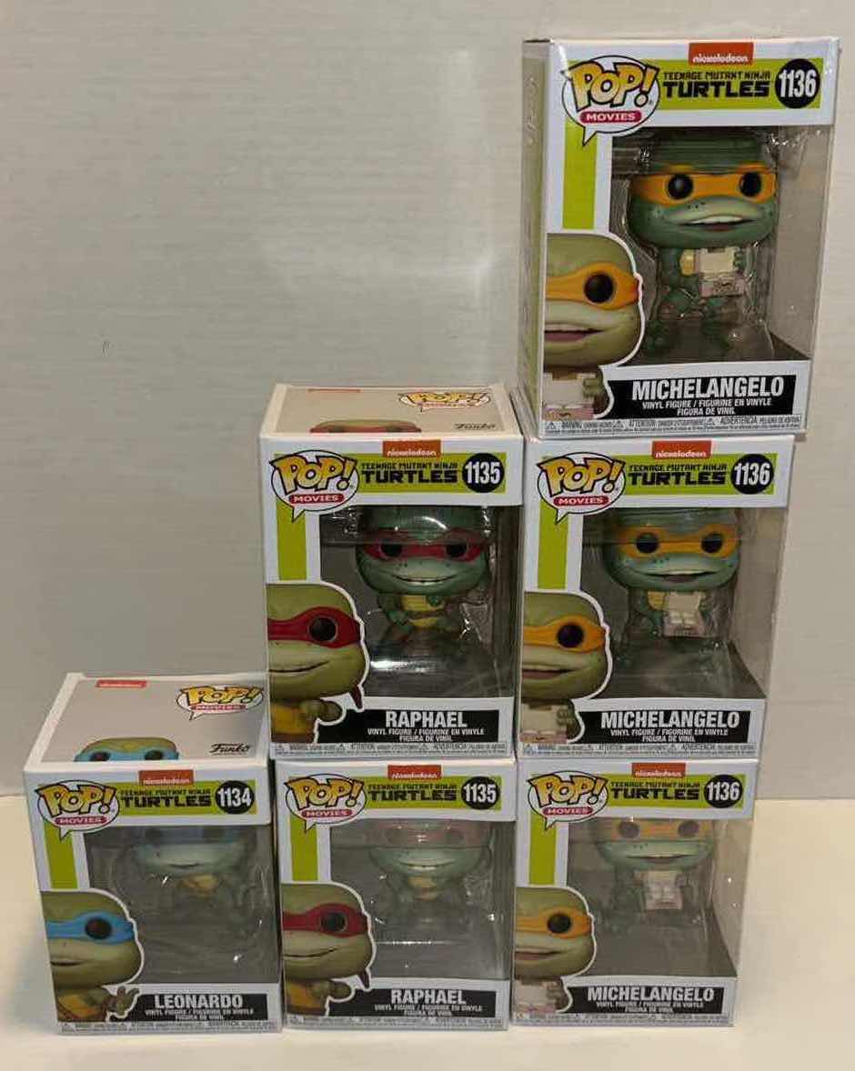 Photo 1 of NEW FUNKO POP! MOVIES TMNT BUNDLE VINYL FIGURE MIXED 6-PACK, #1134 LEONARDO (1), #1135 RAPHAEL (2) & #1136 MICHELANGELO(3)