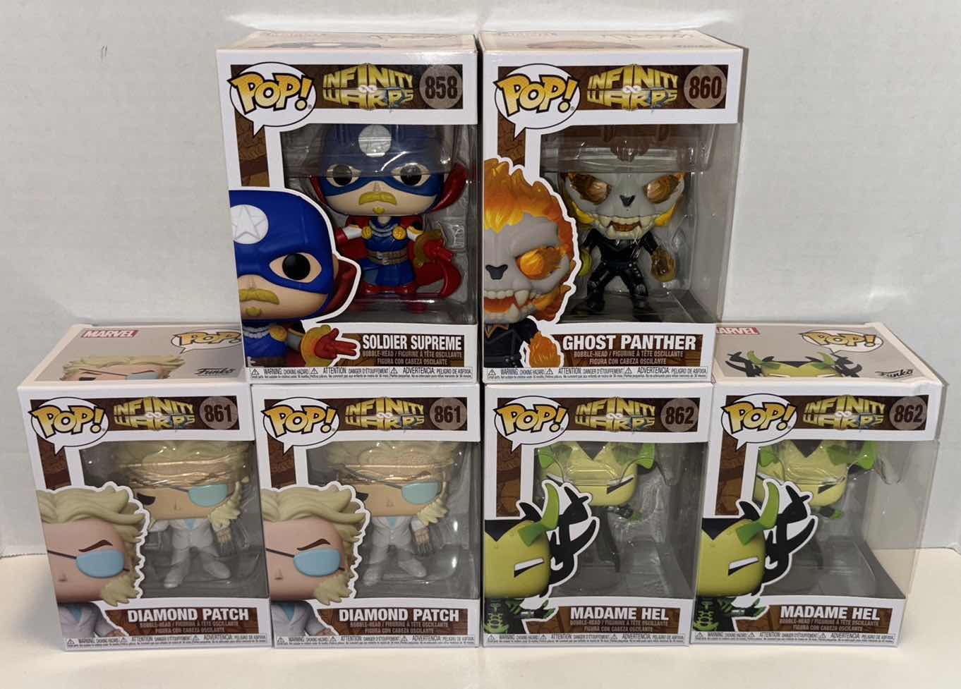 Photo 1 of NEW FUNKO POP! MARVEL INFINITY WARPS BOBBLE-HEAD VINYL FIGURE 6-PACK #’s 858 (1), 860 (1), 861 (2), 862 (2)