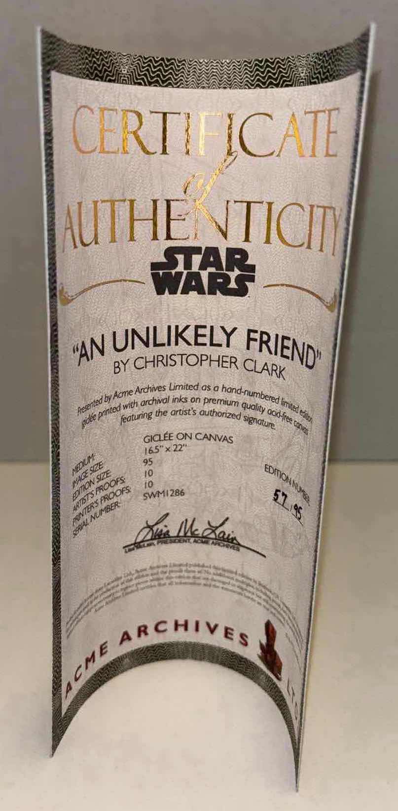 Photo 1 of NEW ACME ARCHIVES DIRECT STAR WARS OFFICIALLY LICENSED 22” X 16.5” GICLEE ON ROLLED CANVAS W/COA, “AN UNLIKELY FRIEND” BY CHRISTOPHER CLARK, #57 OF 95 PC HAND-NUMBERED EDITION (SKU: SWM1286)
