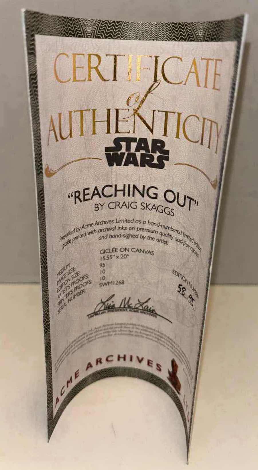Photo 1 of NEW ACME ARCHIVES DIRECT STAR WARS OFFICIALLY LICENSED 15.55” X 20” SIGNED GICLEE ON ROLLED CANVAS W/COA, “REACHING OUT” BY CRAIG SKAGGS, #58 OF 95 PC HAND-NUMBERED EDITION (SKU: SWM1268)