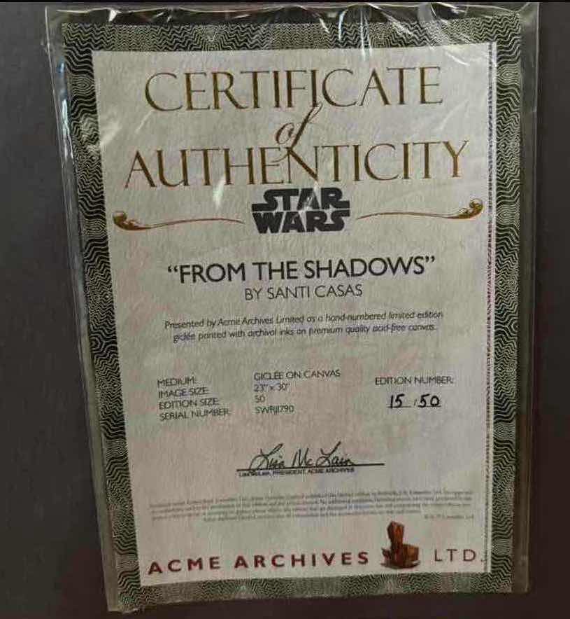 Photo 1 of NEW 31” X 37” FRAMED ACME ARCHIVES DIRECT STAR WARS OFFICIALLY LICENSED 23” X 30” LARGE FINE ART GICLEE ON ROLLED CANVAS W/COA, “FROM THE SHADOWS” BY SANTI CASAS, #15 OF 50 PC HAND-NUMBERED SIGNED EDITION (SKU: SWRJI790)