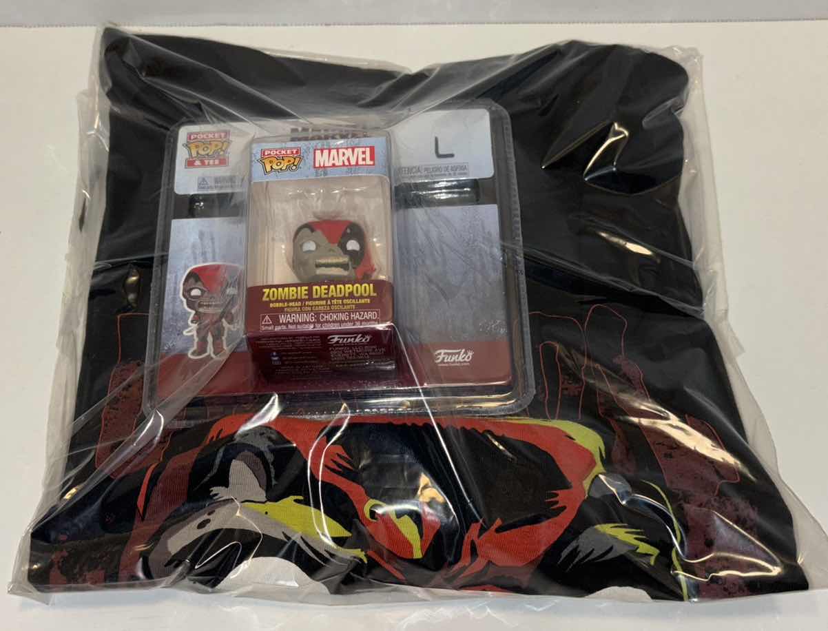 Photo 1 of NEW FUNKO POCKET POP! & TEE, “ZOMBIE DEADPOOL” T-SHIRT & POP! MINI FIGURE (BLACK, SIZE LARGE)