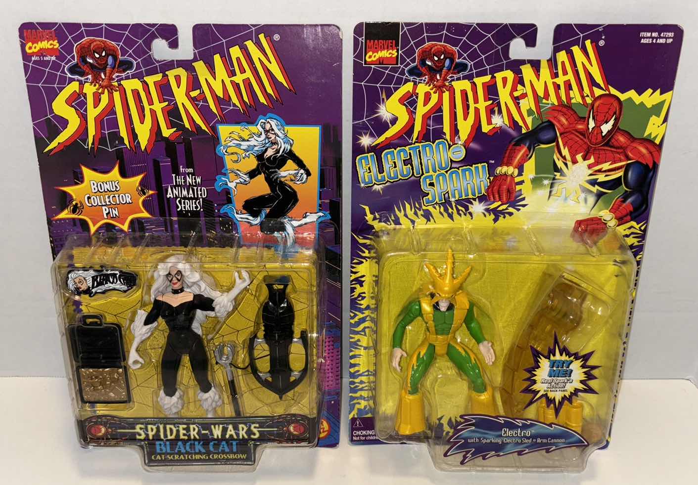 Photo 1 of NEW 1996/1997 TOY BIZ MARVEL COMICS SPIDER-MAN 2-PACK BUNDLE ACTION FIGURES & ACCESSORIES “SPIDER-WARS BLACK CAT” & “ELECTRO”