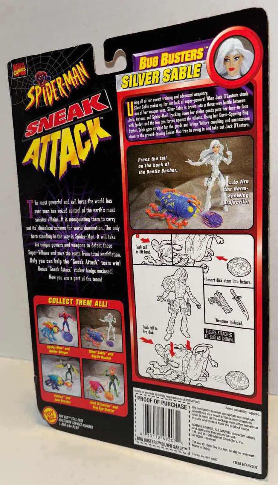Photo 1 of NEW 1998 TOY BIZ MARVEL COMICS SPIDER-MAN SNEAK ATTACK BUG BUSTERS ACTION FIGURE & ACCESSORIES “SILVER SABLE AND BEETLE BASHER”