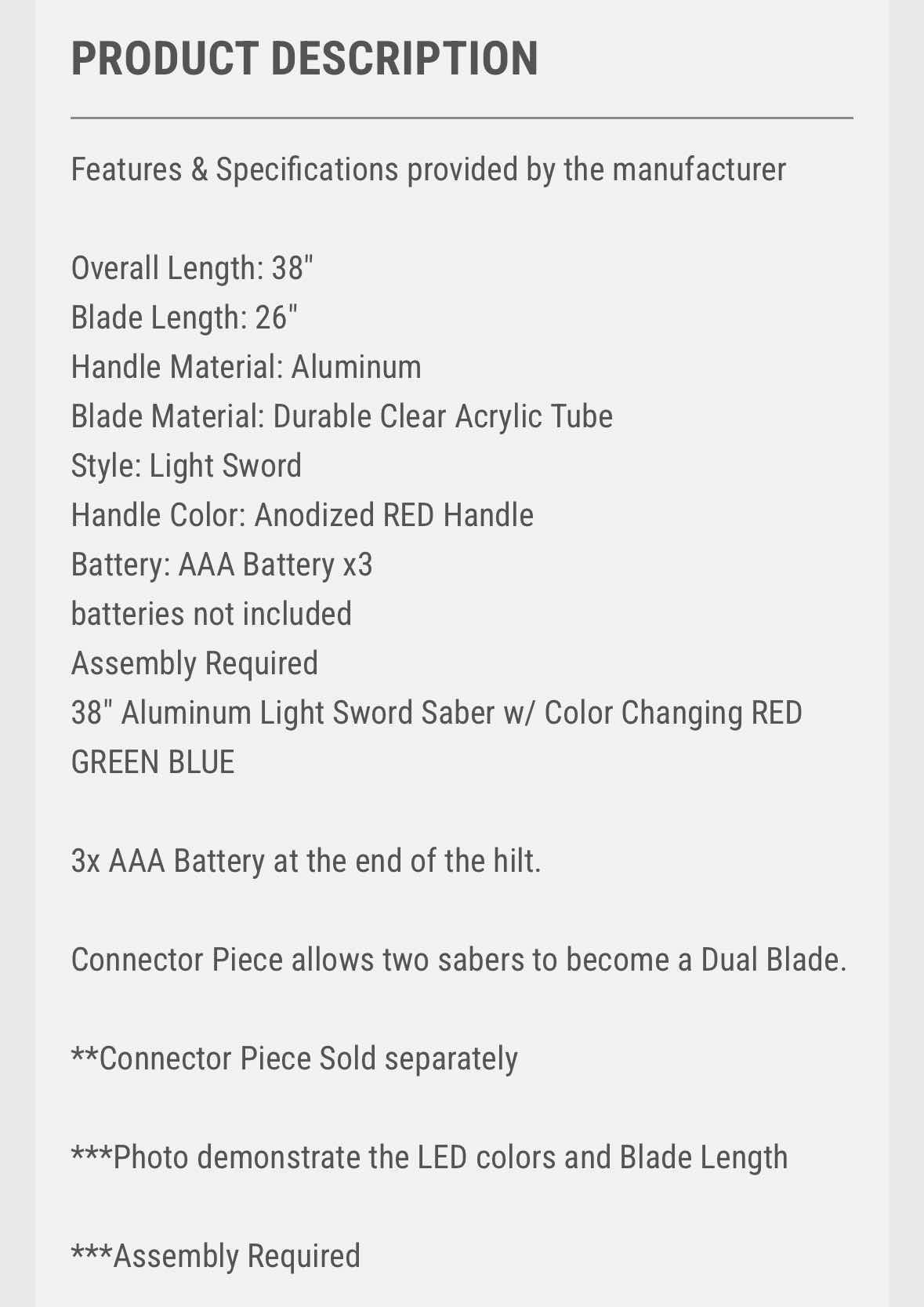 Photo 1 of NEW 37.25" RED ALUMINUM LIGHT SWORD SABER COLOR CHANGING LED-RED, GREEN, BLUE (#201RDS)