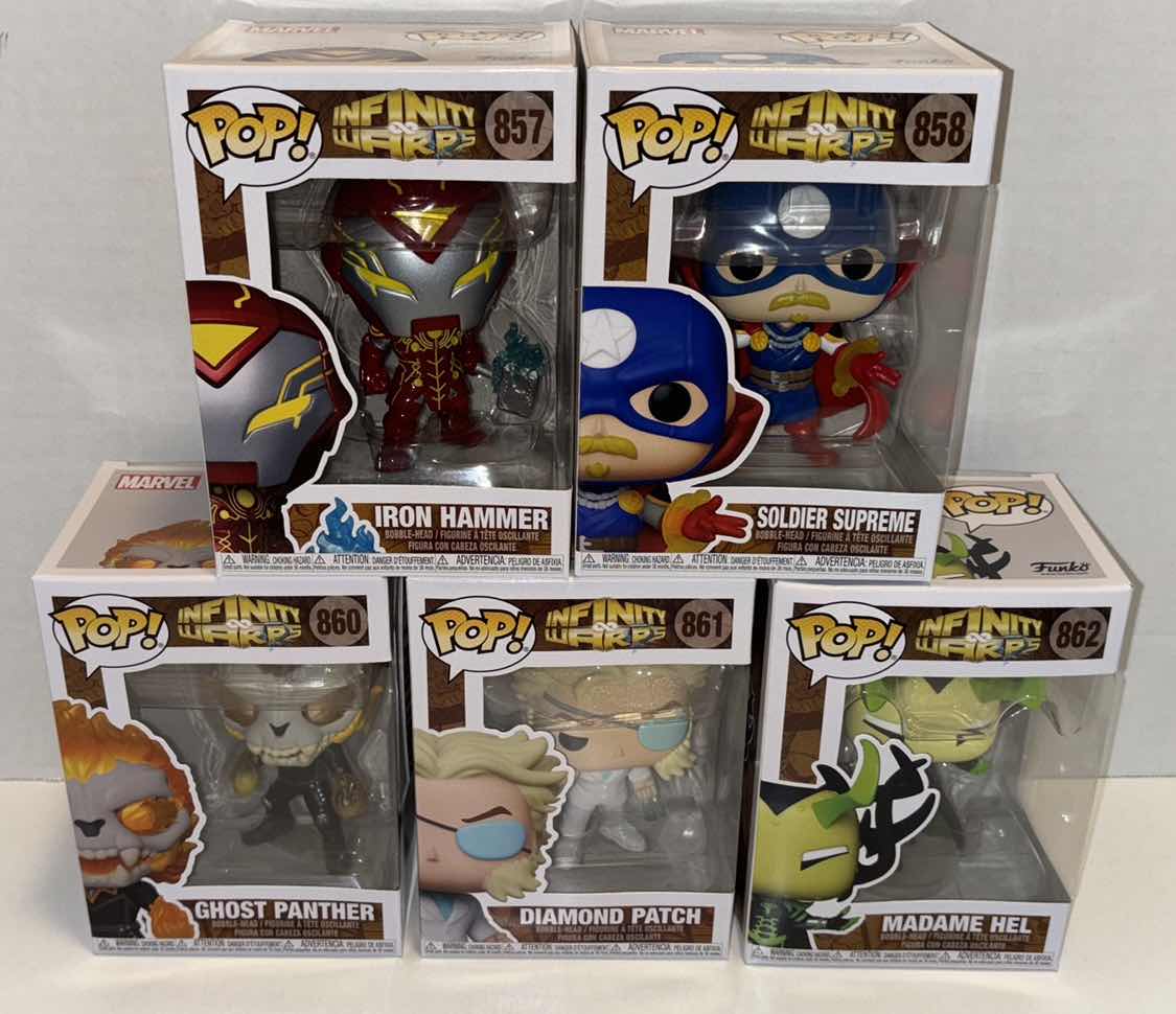 Photo 1 of NEW FUNKO POP! MARVEL INFINITY WARPS BOBBLE-HEAD VINYL FIGURE 5-PACK BUNDLE, COMPLETE SET #857, #858, #860, #861, #862